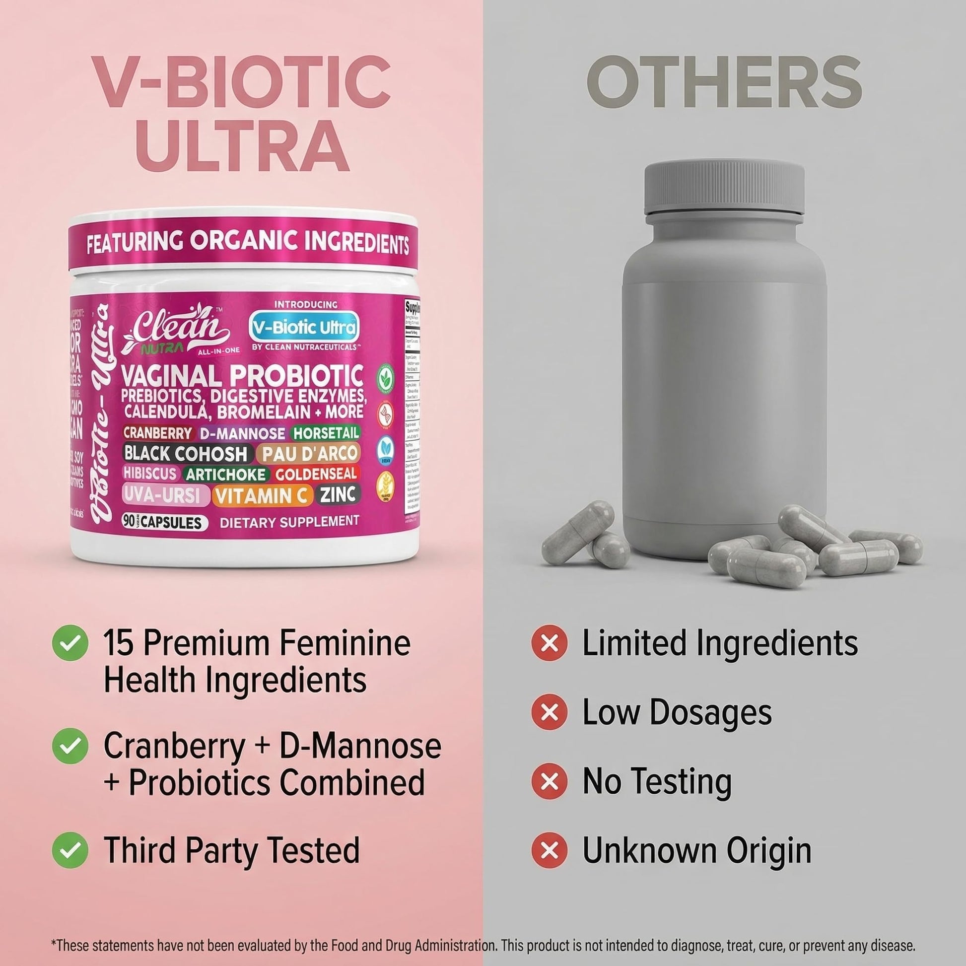 Clean Nutra Vaginal Probiotics for Women + Prebiotics Digestive Enzymes Bromelain Cranberry D Mannose Horsetail Black Cohosh Artichoke Hibiscus Flowers Probiotic for Digestive Health 90 Vegan Capsules Clean NutraceuticalsAu supplements