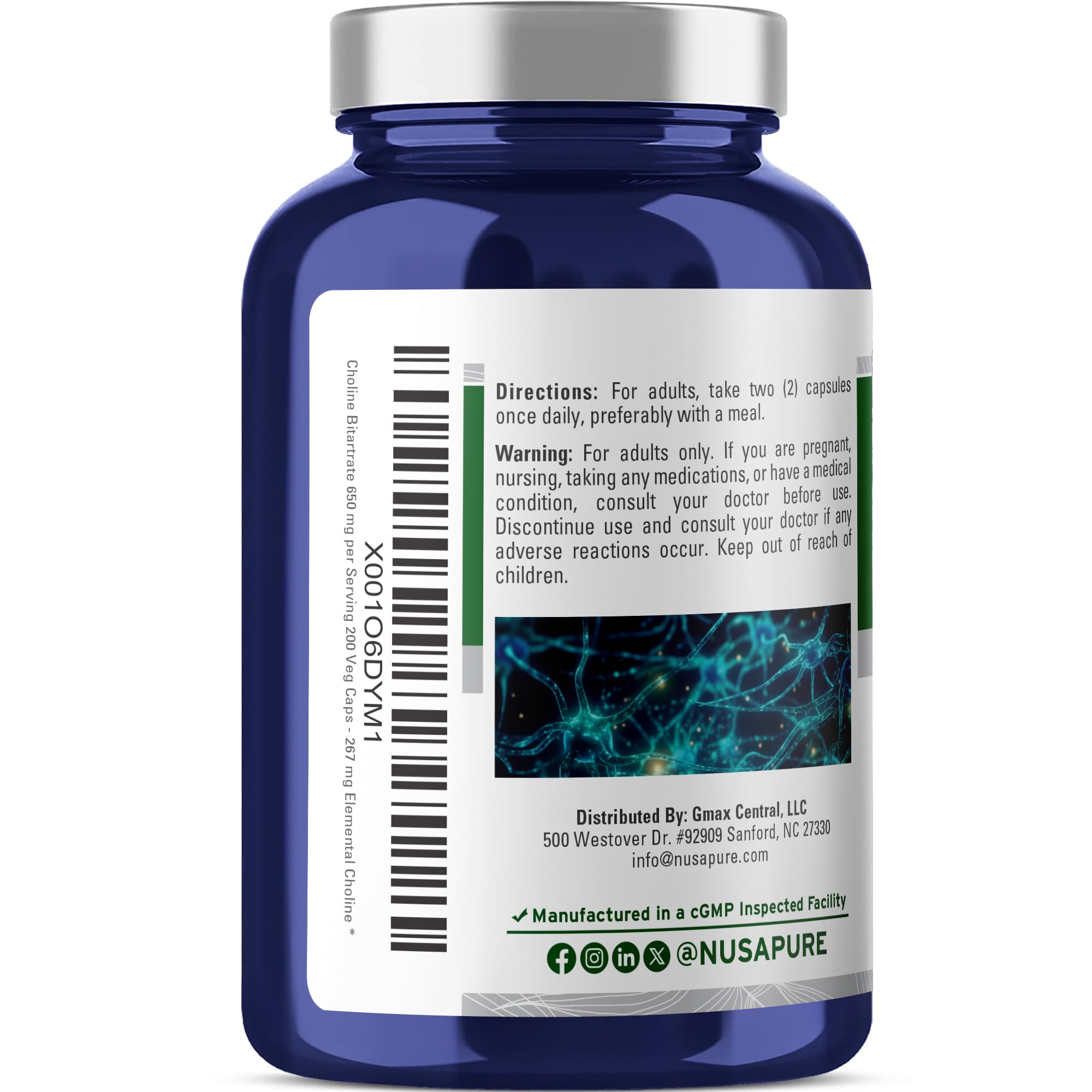 NusaPure Choline Bitartrate - Suitable for Vegetarian/Vegan, Non - GMO - 650 mg 200 Capsules NusaPureAu supplements