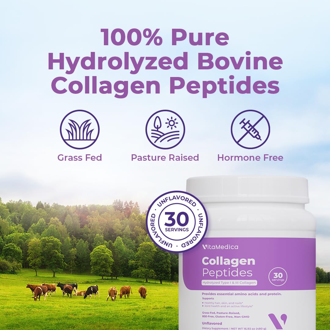 VitaMedica Collagen Peptides Powder for Women & Men - Healthy Hair, Skin, Nails, Bones and Joints - Hydrolyzed Types I & III, Grass-Fed, Pasture-Raised Protein, Zero Sugar - 30 Servings VitaMedicaAu supplements