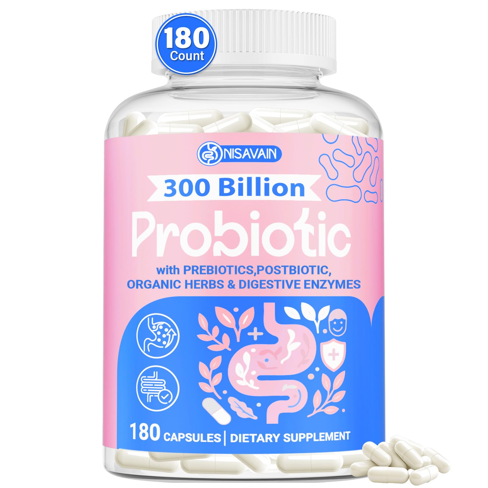 (180 Capsules) Probiotics for Women & Men, 5-in-1 Probiotic, Prebiotic, Postbiotic, Organic Herbs & 16 Digestive Enzymes Blend, 300 Billion CFU, Complete Gut Health, Digestive Health & Immune* NisavainAu supplements
