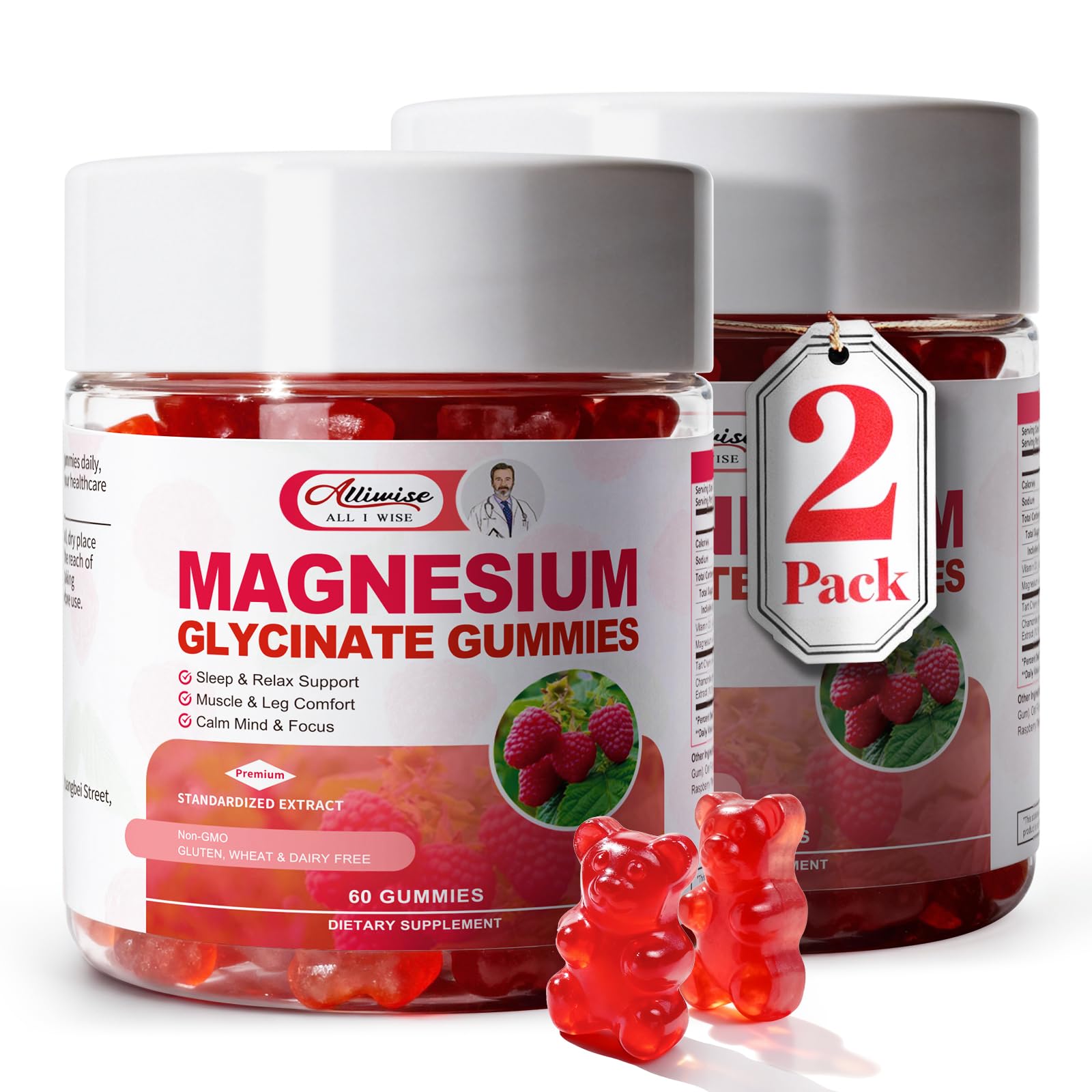 2pack Magnesium Glycinate Gummies 600mg for Sleep & Calm, Sugar Free Magnesium Gummies for Adults with Vitamin D3, Tart Cherry & Chamomile,Clump-Resistant Formula, Third-Party Tested, 120 Count AlliwiseAu supplements