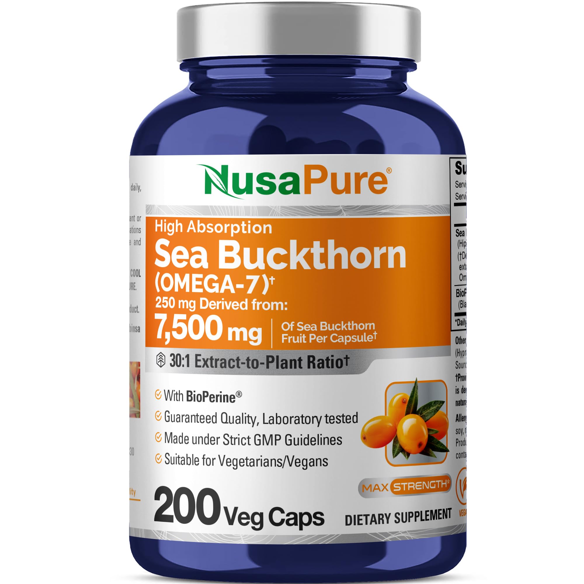 NusaPure Sea Buckthorn Omega-7 30:1 Extract, 250 mg Equivalent to 7,500mg per Veggie Caps - 200 Capsules - Non-GMO & Vegan NusaPureAu supplements