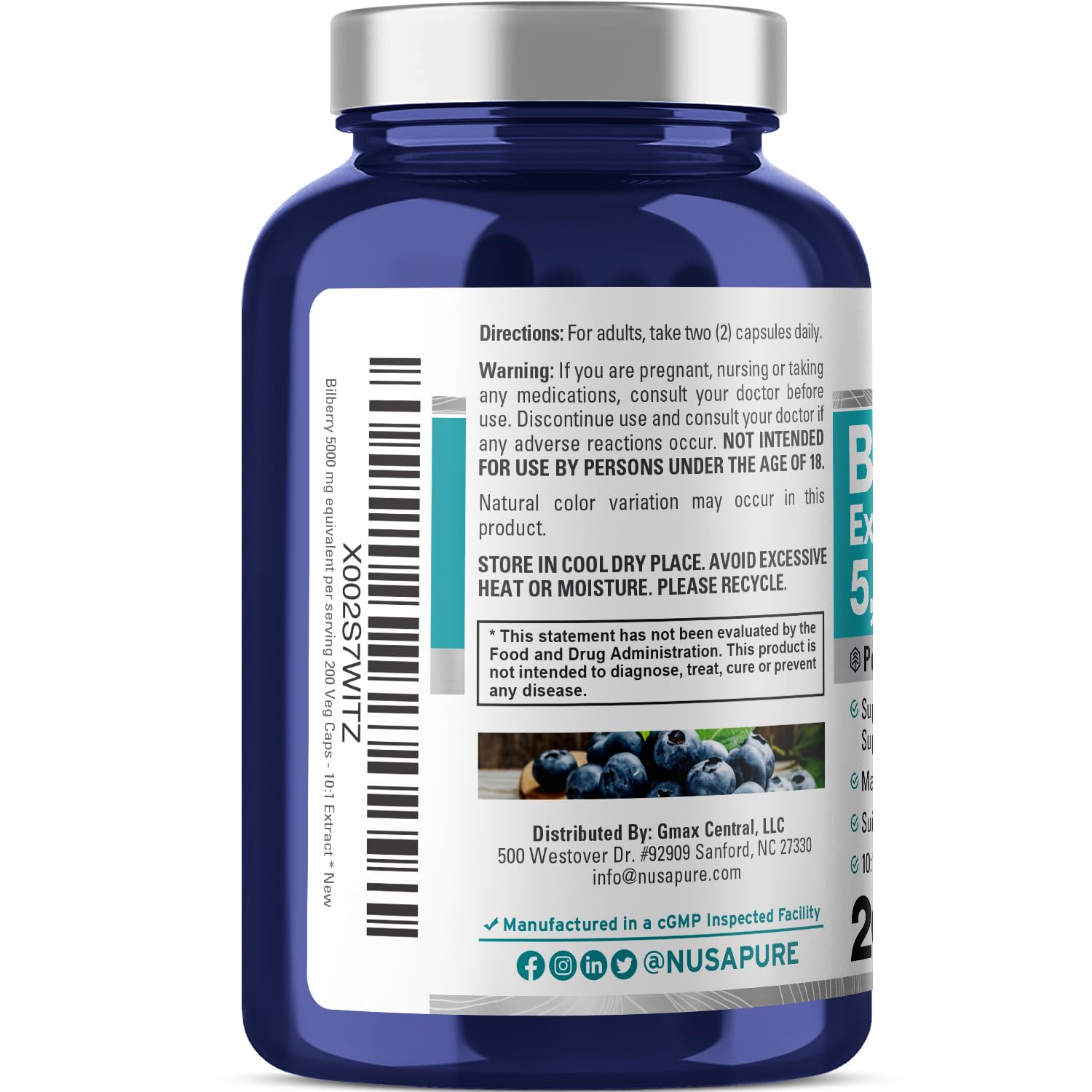 NusaPure Bilberry Extract 5,000mg 200 Vegetarian caps (Non-GMO, Vegan) NusaPureAu supplements