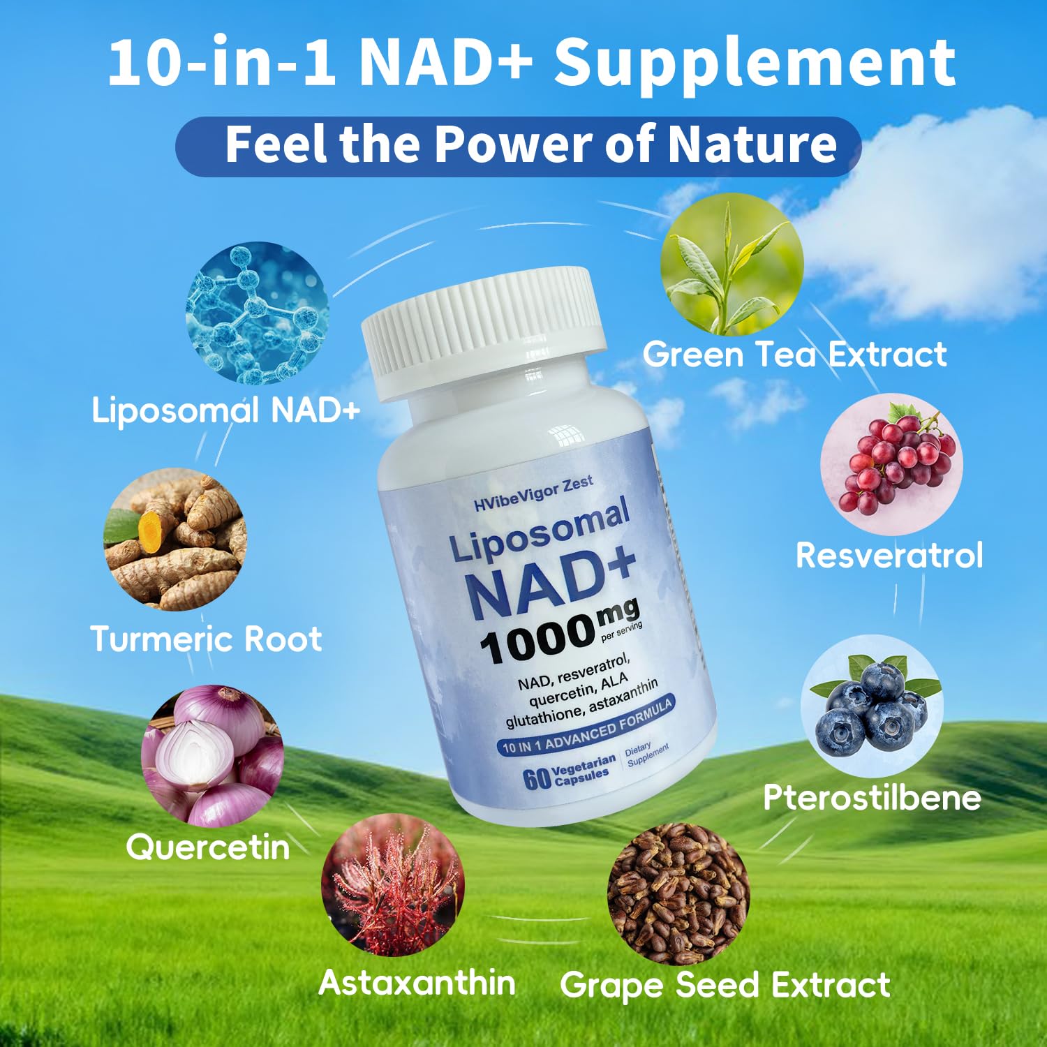 NAD Supplement 1000mg, Liposomal NAD+ Supplement with Resveratrol, Glutathione & Astaxanthin - Support Cellular Health, Stamina & Healthy Aging, NMN Supplement Alternative – 60 Capsules HVibeVigor ZestAu supplements