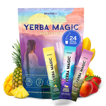 Yerba Magic Instant Yerba Mate Powder Packets – Clean Energy & Focus Drink Mix for Gut Health – Nootropic Blend with Lion’s Mane, L-Theanine, Prebiotics & Probiotics – Low Sugar Natural Caffeine – Variety Pack, 24 Sticks BrainistaAu supplements