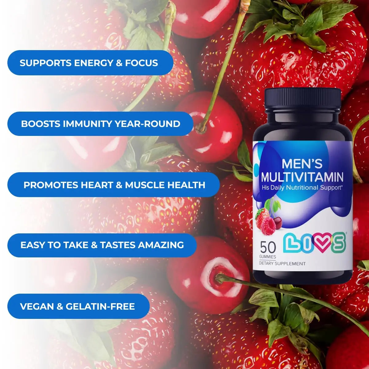 LIVS Men’s Multivitamins Gummies | Chewable Multivitamins for Men Health, Iron & Immune Support | Daily Vitamins with Zinc, Vitamin D3, B12, Biotin & More | LIVSAu supplements