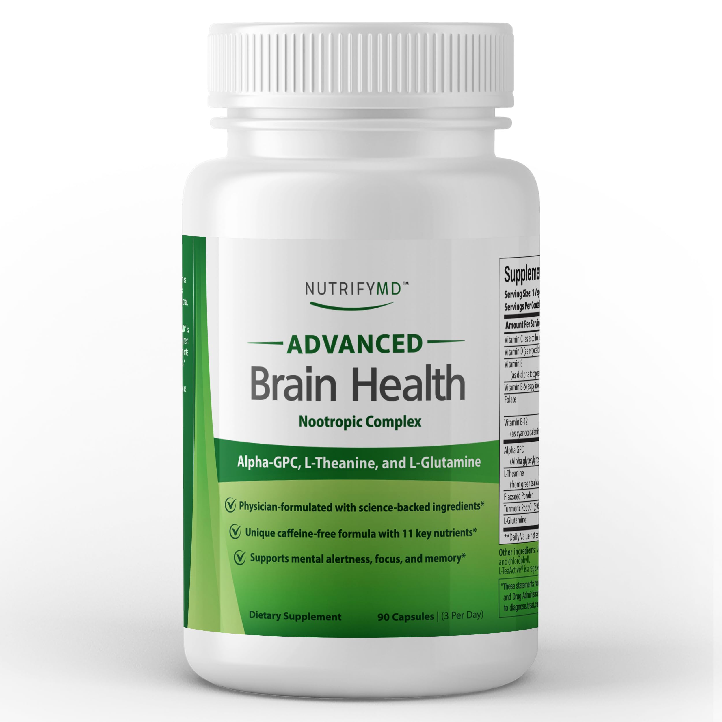 Advanced Brain Health Supplement with Alpha GPC, L-Theanine, L-Glutamine for Memory and Focus - 90 Capsules NutrifyMDAu supplements