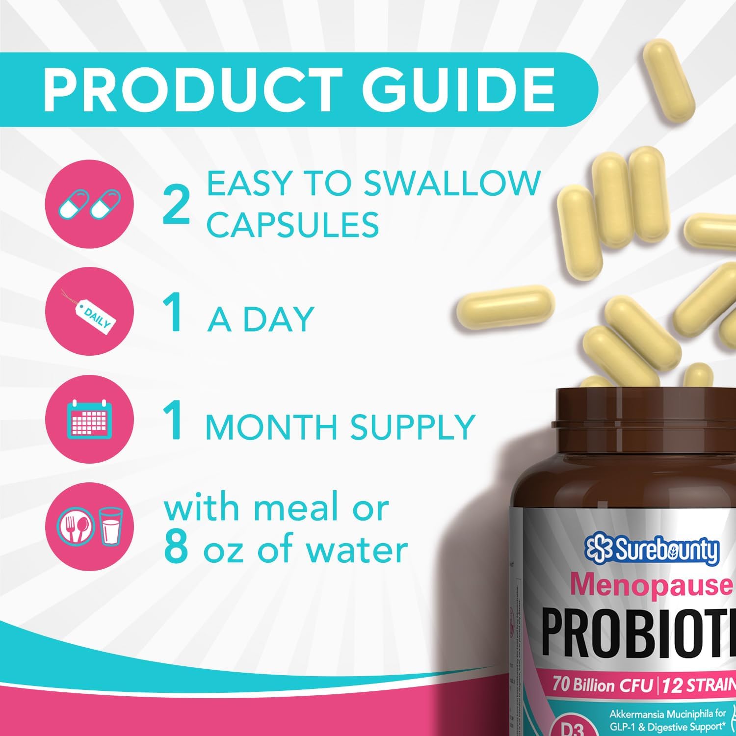 Surebounty Menopause Probiotic Supplement for Women, 70 Billion CFU, with Akkermansia Muciniphila, Vitamins B6 & D3, Botanicals, for Hormone Balance, Hot Flashes, Night Sweats, Gut Health, 60 Capsules SurebountyAu supplements