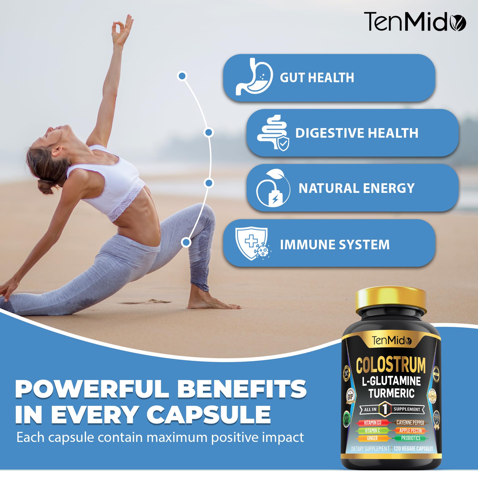 Tenmido Colostrum Supplement - 10in1 Formula - Combine with L- Glutamine, Turmeric, Cayenne Pepper, Apple Pectin, Probiotics, Ginger, and More - Digestive Health, Immune Support - 120 Capsules TenmidoAu supplements