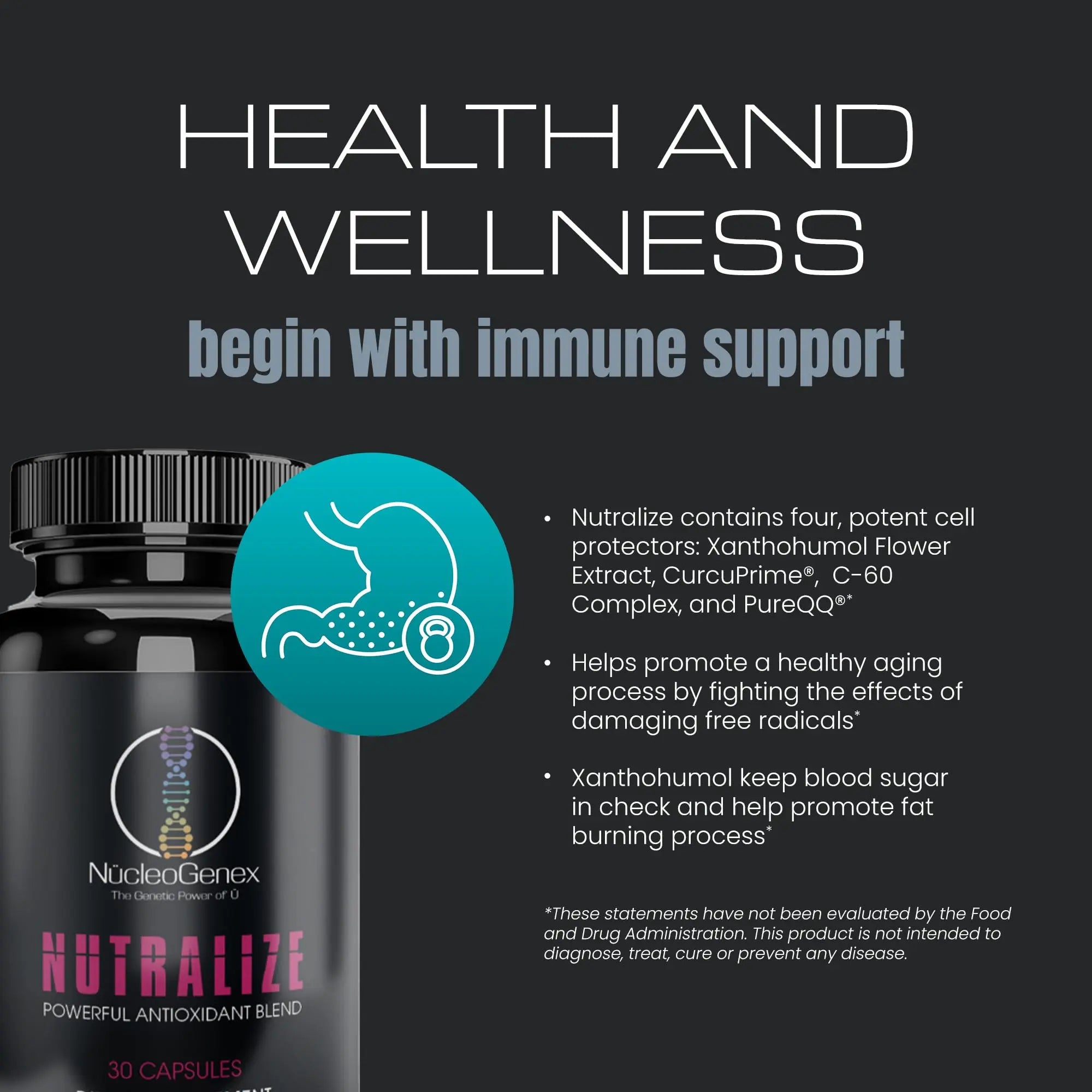 Nucleogenex - Nutralize - The Key to Supporting a Healthy Aging Process and Immune System - Potent Blend for Powerful Cell Protection - Xanthohumol, CurcuPrime, C-60 Complex, PureQQ - 30 Capsules NucleOGenexnz supplements
