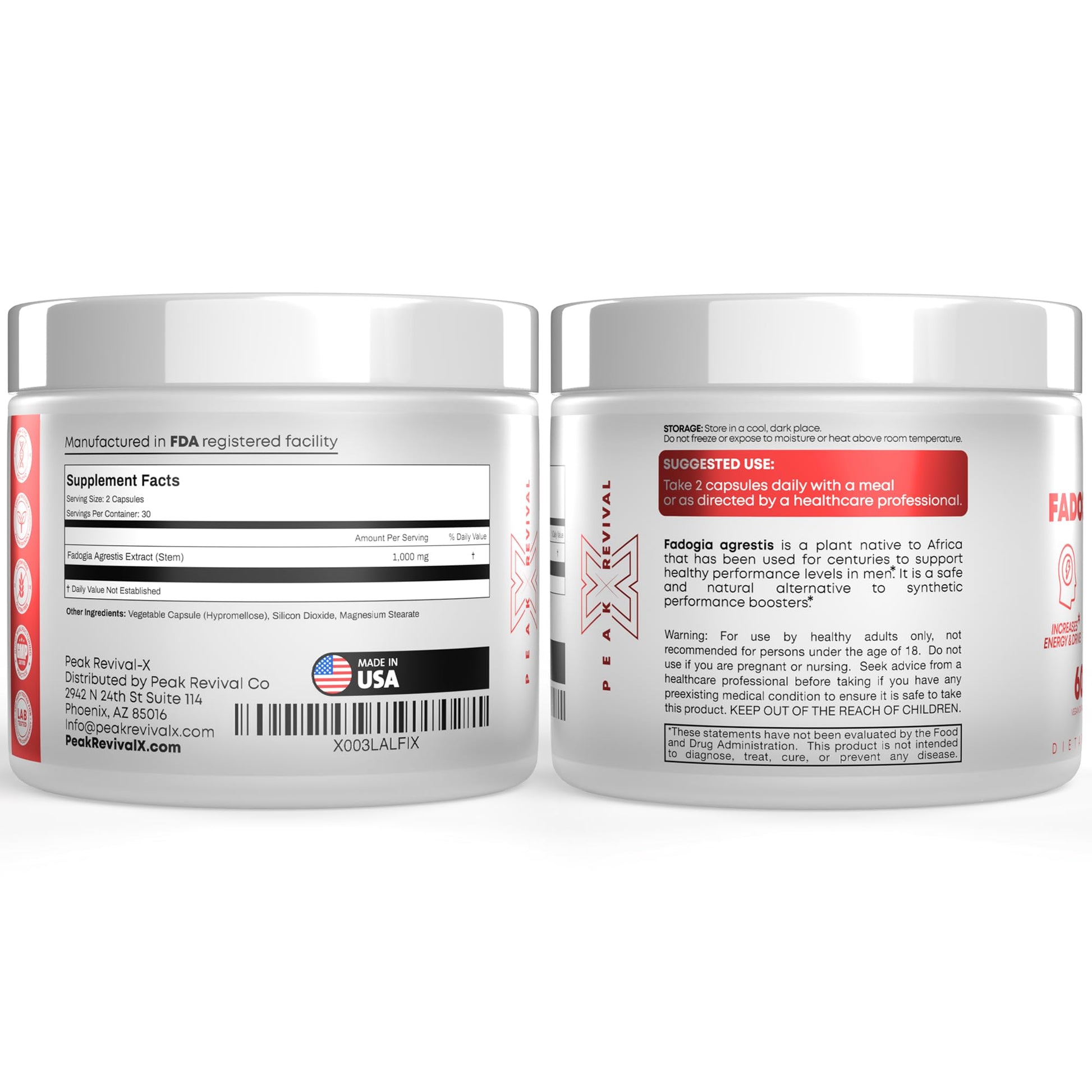 Peak Revival-X Fadogia Agrestis 1000mg Per Serving Supplement - Potent Extract to Increase Energy, Athletic Performance & Muscle Mass - Supplements, Made in The USA (60 Capsules) Peak Revival-XAu supplements