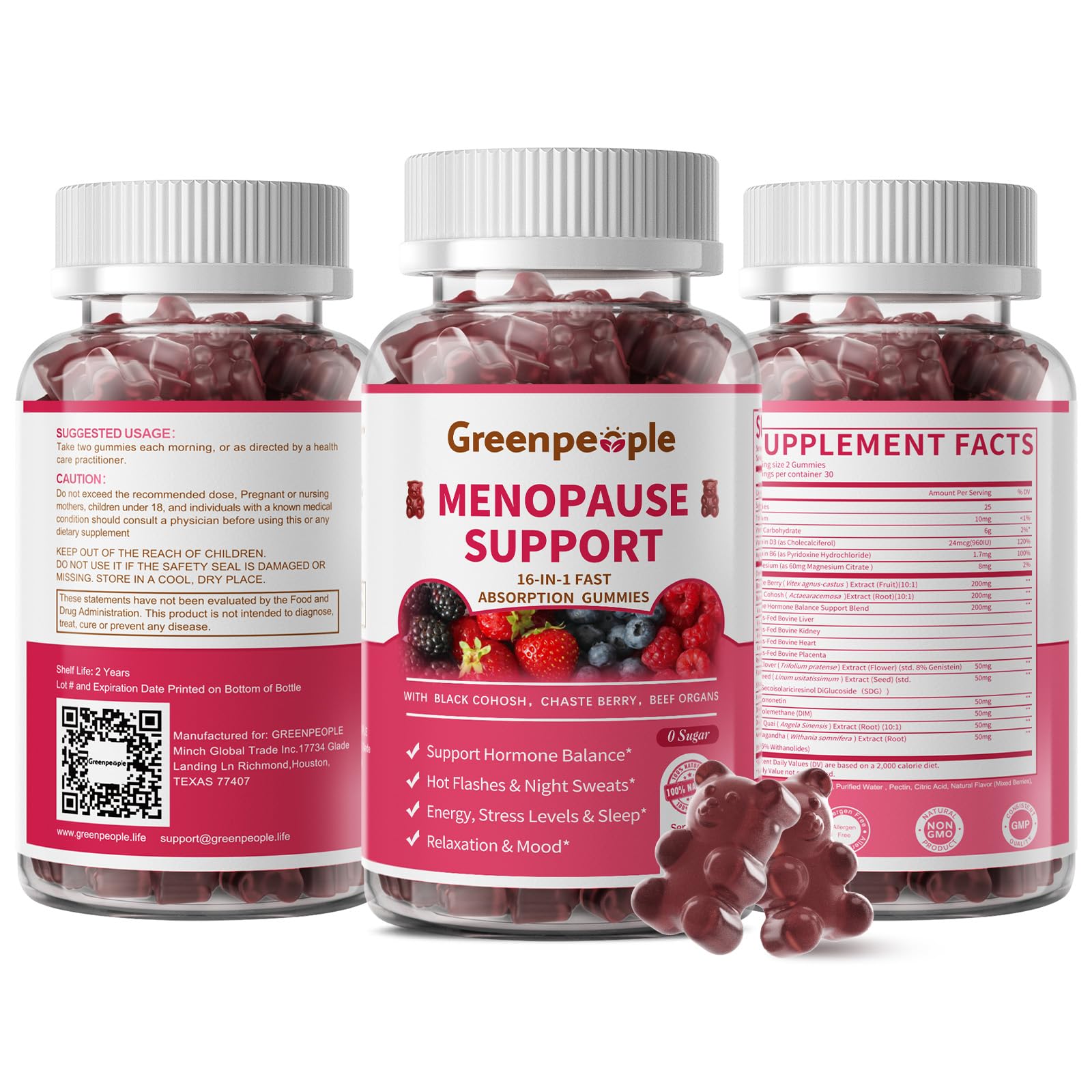 GREENPEOPLE Menopause Supplements for Women Gummies - 16-in-1 Dual Action Menopause Relief W/Black Cohosh, Vitex, Beef Organs for Hormone Balance, Hot Flashes, Night Sweats & Mood, Sugar-Free 60 CT GREENPEOPLEAu supplements