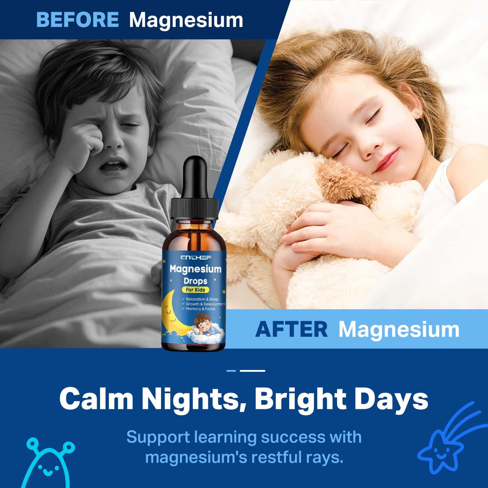 Magnesium Drops - Magnesium Glycinate Liquid Drops for Kids - Calm, Sleep, Relaxation, Bones, Brain Support with Vitamin B6, C, D3, Omega-3, L-Theanine, Zinc, Multivitamins - Strawberry Flavor 2 Fl Oz CNCHEFAu supplements