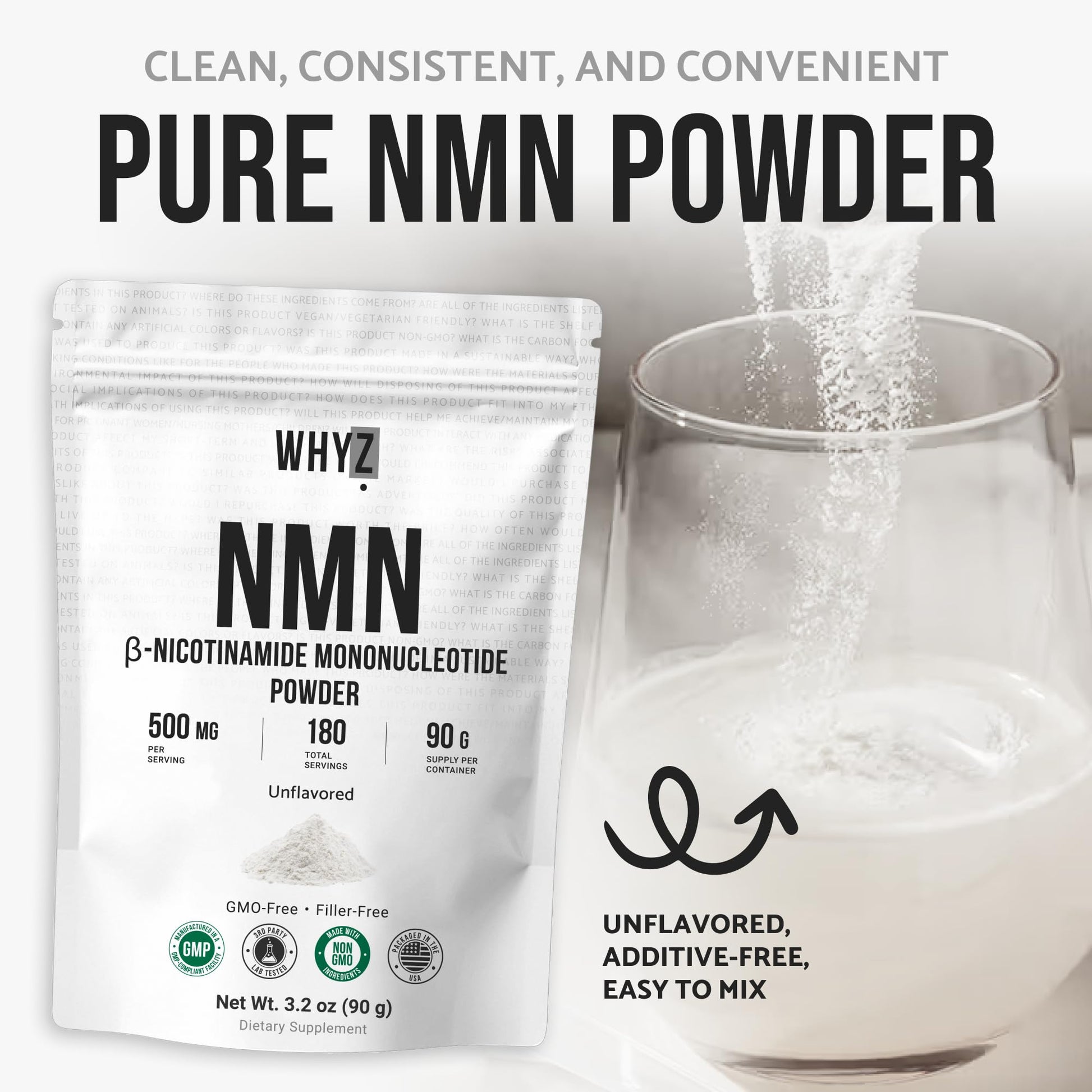 Pure NMN Powder Nicotinamide Mononucleotide Quick Dissolved NMN Supplement Powder 100% Unflavored NMN Supplement Supports NAD+ Levels Vegan Friendly Non-GMO, 90g WHYZAu supplements