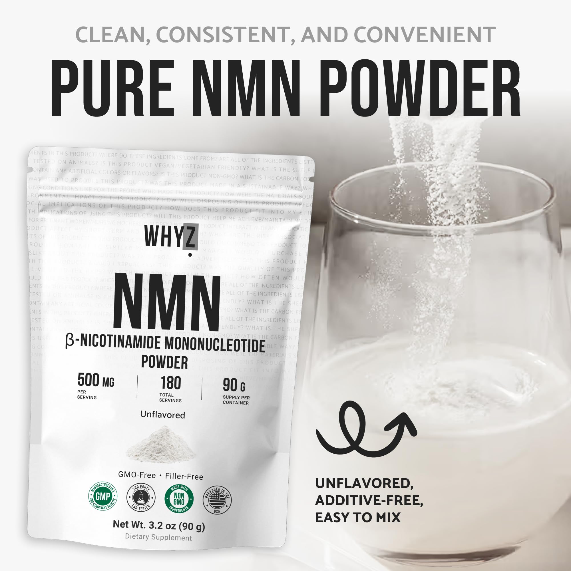 Pure NMN Powder Nicotinamide Mononucleotide Quick Dissolved NMN Supplement Powder 100% Unflavored NMN Supplement Supports NAD+ Levels Vegan Friendly Non-GMO, 90g WHYZAu supplements
