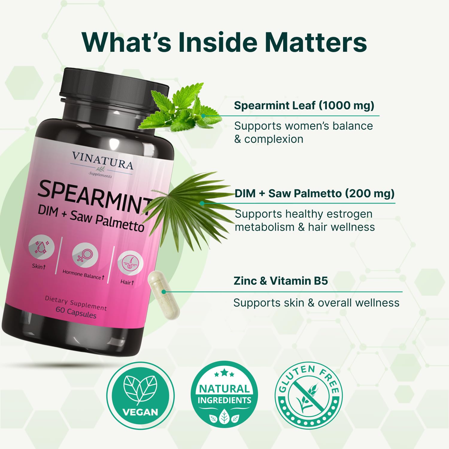 VINATURA Spearmint Leaf Capsules Supplement - Enhanced with DIM & Saw Palmetto, for Unwanted Hair, Women' Health & Skin *USA Made & Tested* - 1380mg/serving, 60 Capsules (30 Servings) VINATURAAu supplements