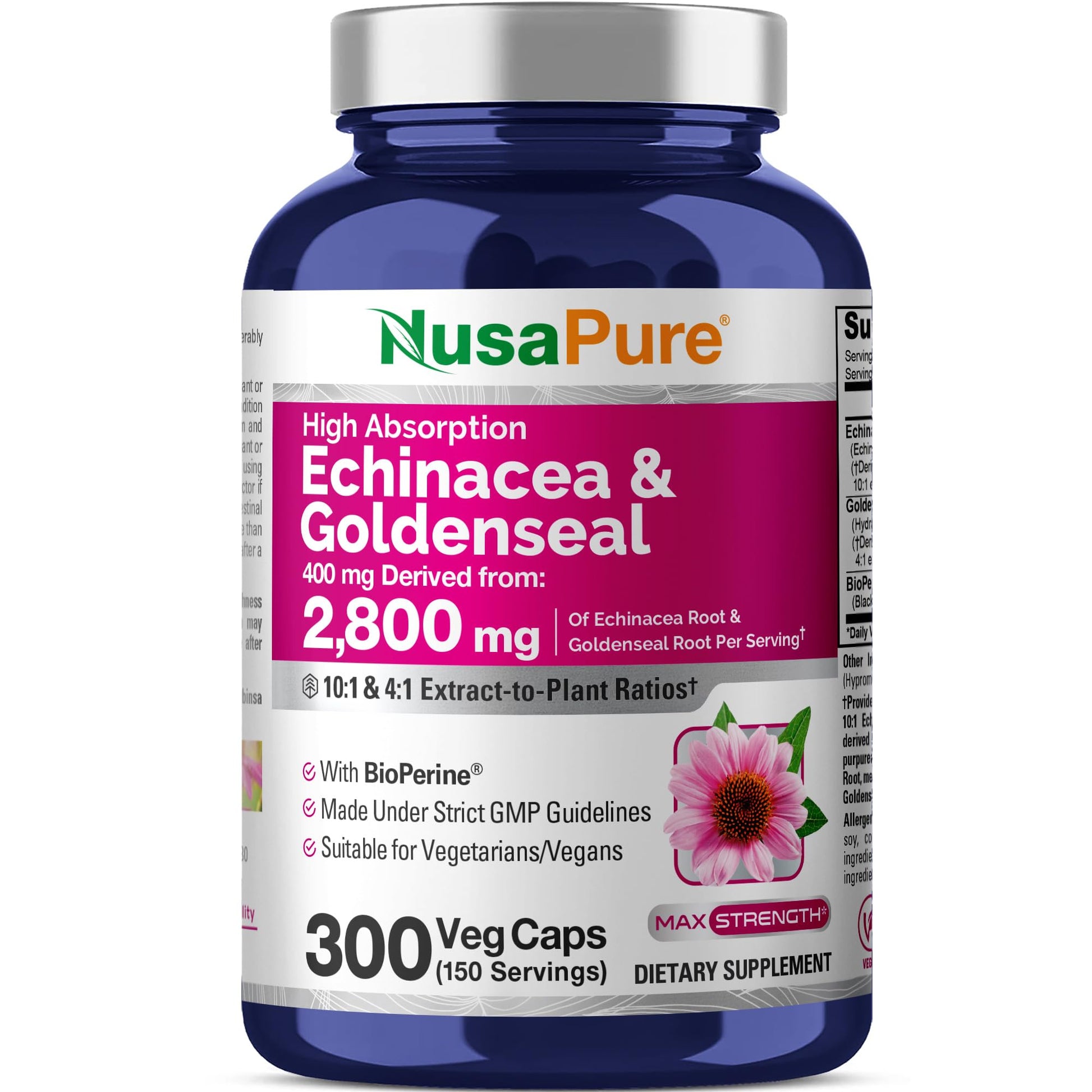 NusaPure Echinacea Goldenseal 200mg, (Extract 10:1, Equivalent to 2,000mg), 200mg, (Extract 4:1, Equivalent to 800mg) - 2800mg 300 Veggie Caps (Vegetarian, Non-GMO, Vegan) NusaPureAu supplements