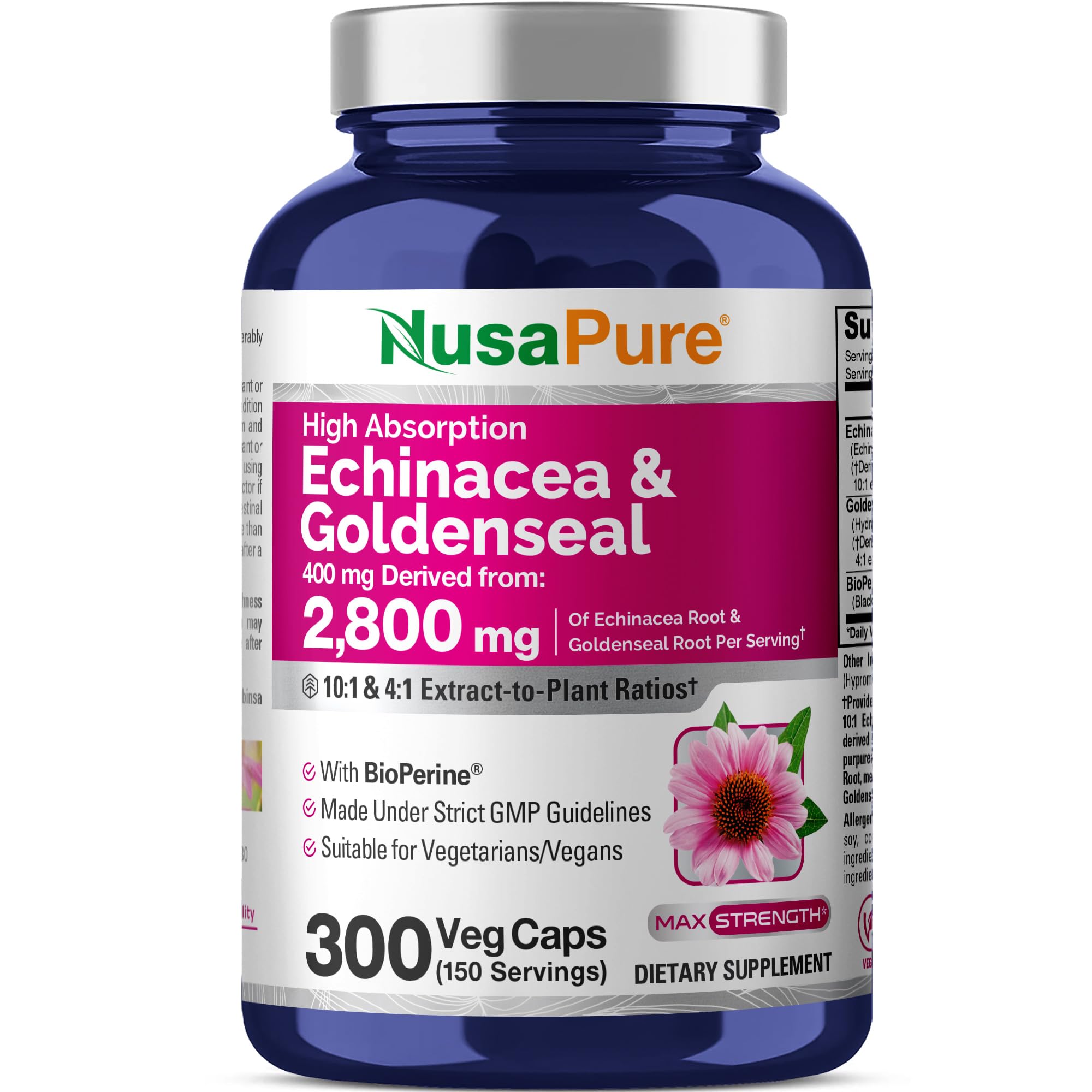 NusaPure Echinacea Goldenseal 200mg, (Extract 10:1, Equivalent to 2,000mg), 200mg, (Extract 4:1, Equivalent to 800mg) - 2800mg 300 Veggie Caps (Vegetarian, Non-GMO, Vegan) NusaPureAu supplements