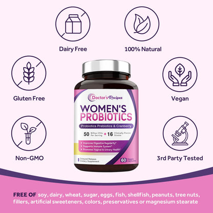 Doctor's Recipes Women’s Probiotic, 60 Caps 50 Billion CFU 16 Strains, with Organic Doctor's RecipesUS supplements