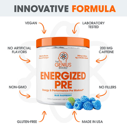 Genius Energized Pre Workout Powder – Caffeine Infused Pre-Workout Booster Supplement with Beta Alanine & Alpha GPC, No Artificial Sweeteners or Dyes - 200mg Caffeine, 20 Servings, Blue Raspberry The Genius BrandUS supplements