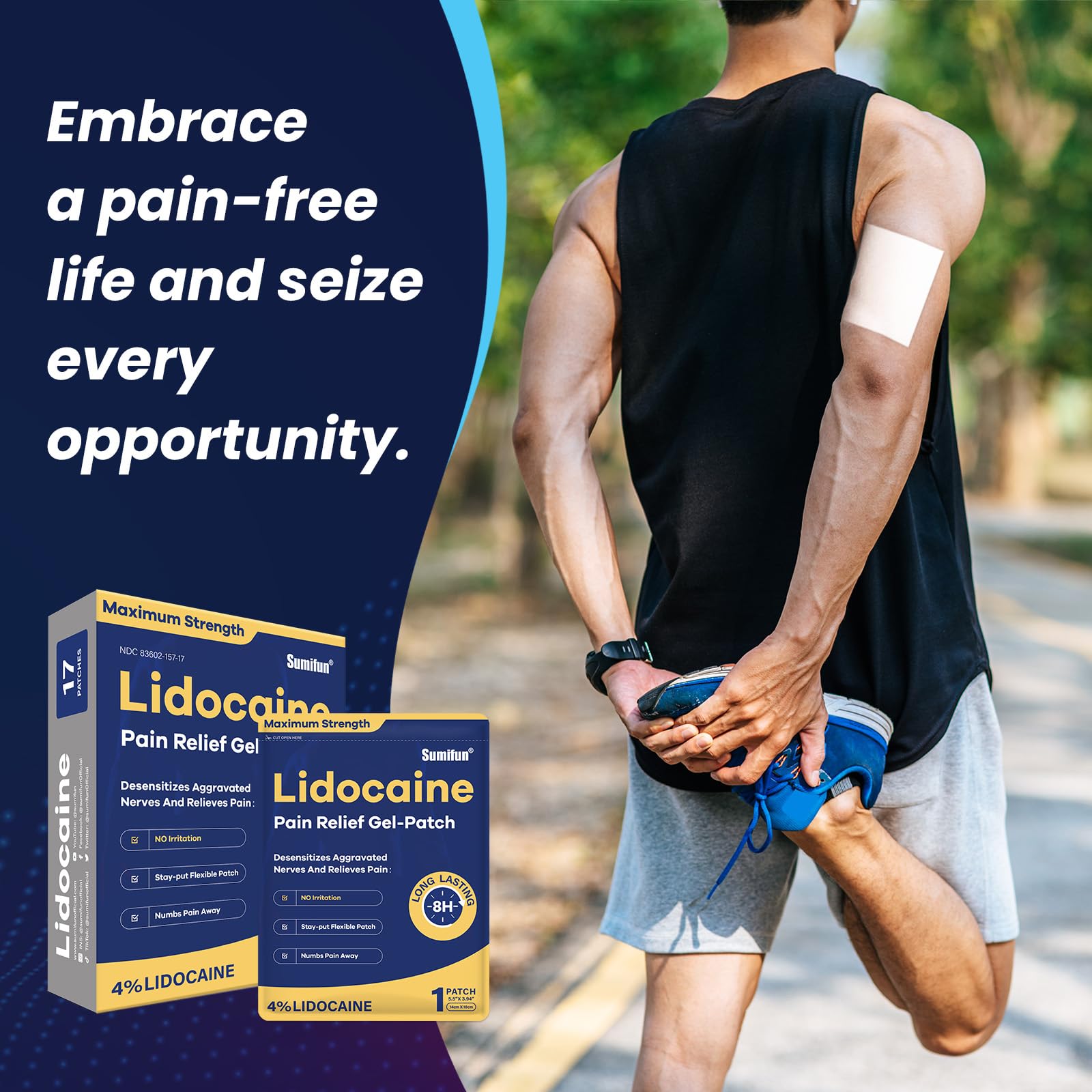 Sumifun 4% Lidocaine Patches Maximum Strength - Pain Relieving Gel Patch for Muscle Soreness, Back Ache, Knee, Neck & Joint Pains - Topical Analgesic (Large, Count, 17) SumifunAu supplements