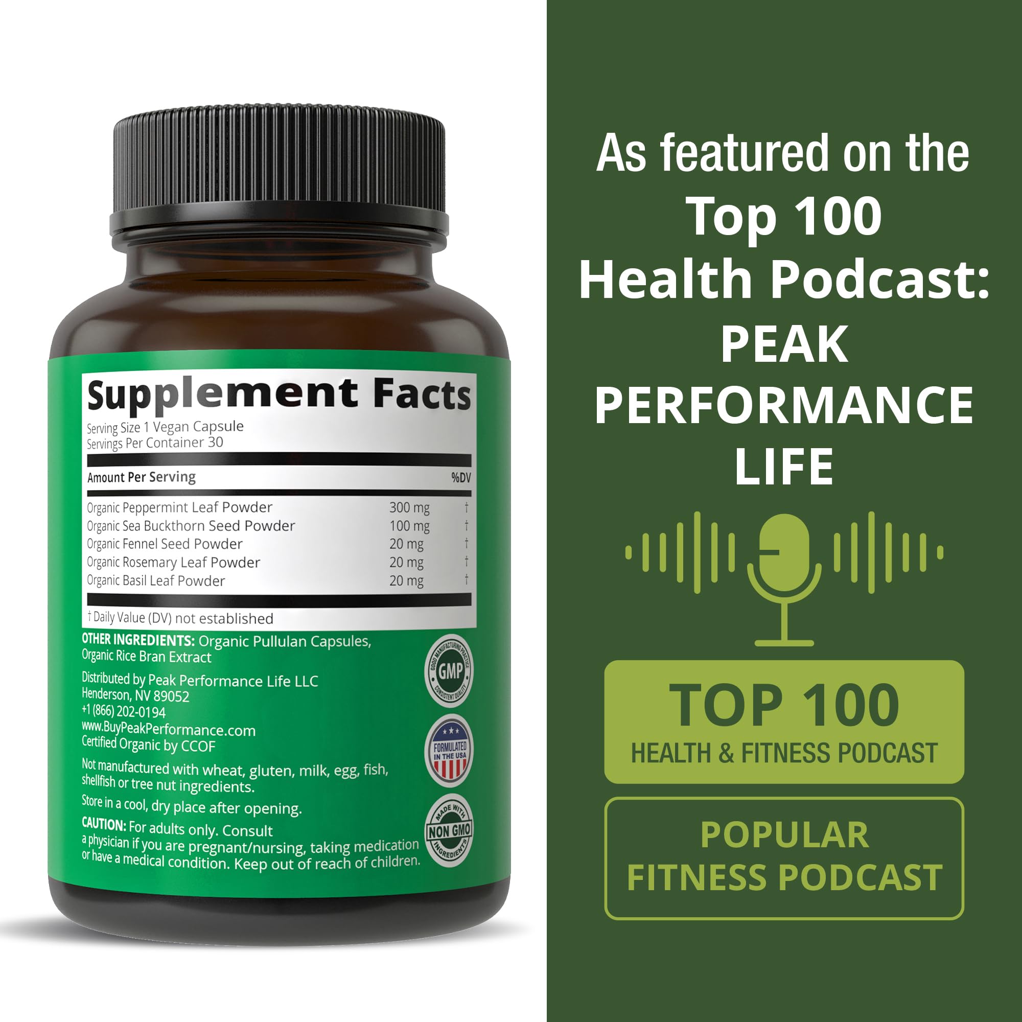 USDA Organic IBS Capsules for Relief, Ingestion, Bloating, Gas. Irritable Bowel Supplement with 5 Handpicked Organic Ingredients. Peppermint Oil, Sea Buckthorn, Fennel Seed, Rosemary Leaf, Basil Leaf Peak PerformanceAu supplements