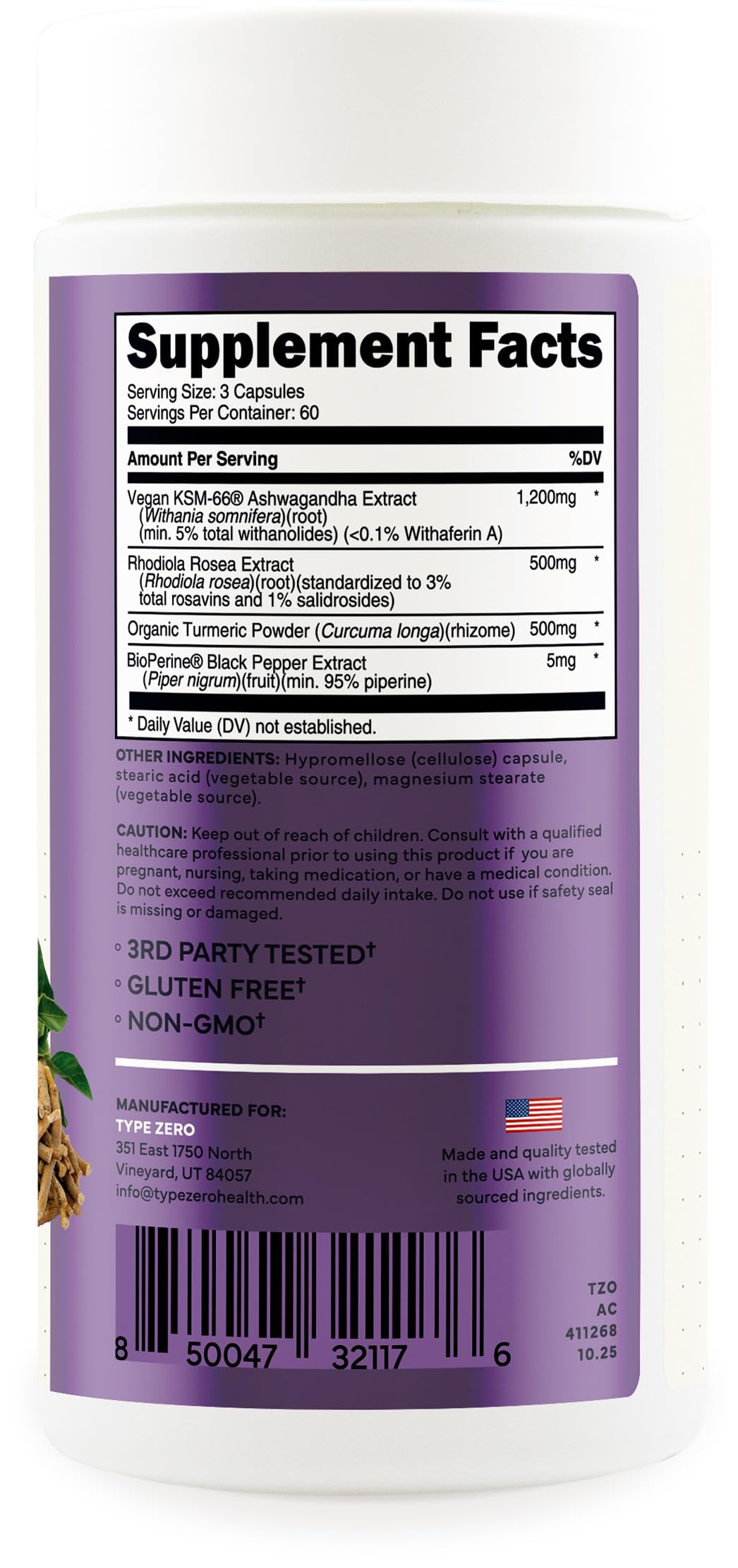 Type Zero KSM-66 Ashwagandha Root Extract 1,200mg, 60 Servings - High Potency 5% Withanolides - with Turmeric, Rhodiola Rosea and BioPerine Black Pepper Extract - 180 Veggie Caps Type ZeroUS supplements