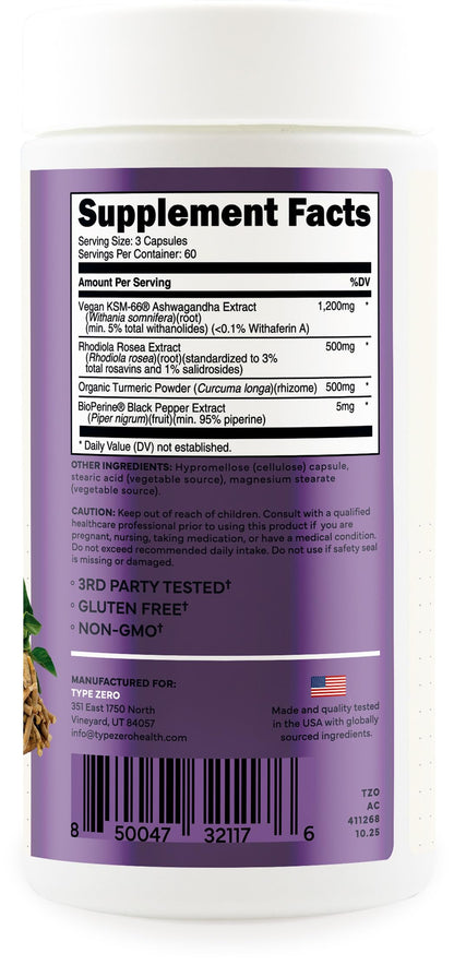 Type Zero KSM-66 Ashwagandha Root Extract 1,200mg, 60 Servings - High Potency 5% Withanolides - with Turmeric, Rhodiola Rosea and BioPerine Black Pepper Extract - 180 Veggie Caps Type ZeroUS supplements