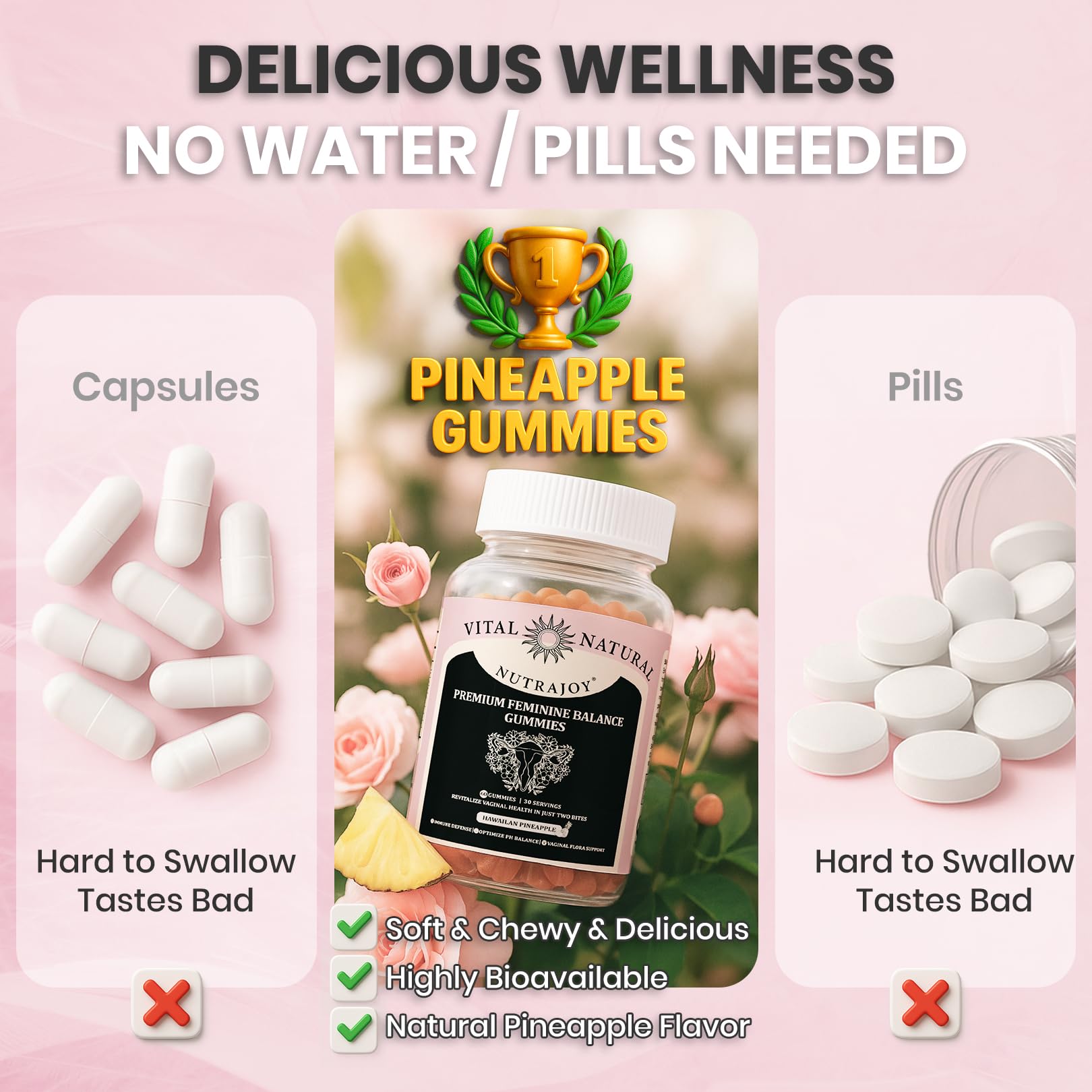 NUTRAJOY Premium Feminine Balance Gummies, for Women's Ph Health, Vaginal Wellness Support, Immune Support, Energy Support, Hawaiian Pineapple, Vegan Gluten-Free, 60 Gummies NUTRAJOYAu supplements