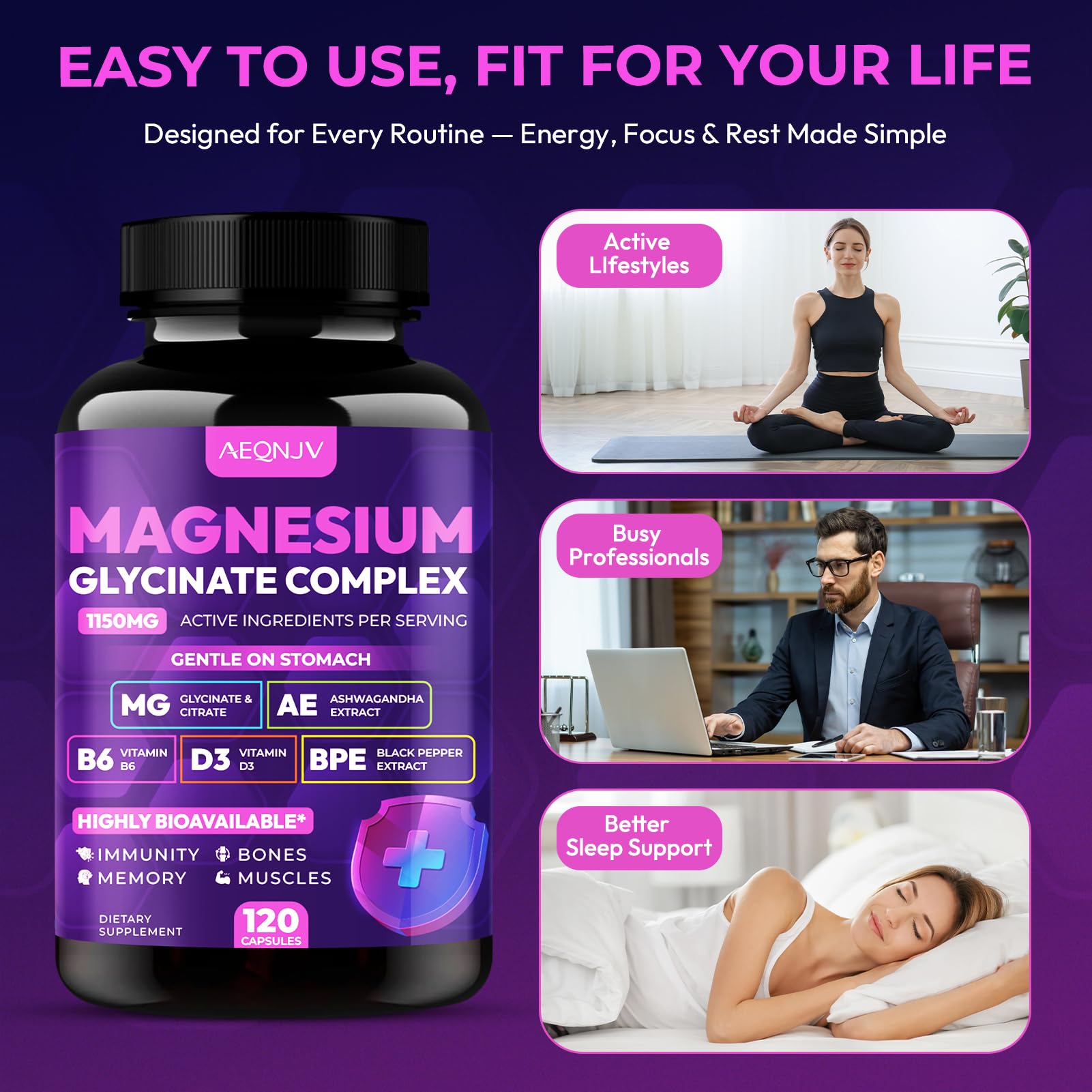 Magnesium Glycinate Complex 1150mg - Gentle on Stomach High Absorption Magnesium Capsules with Citrate, Silica, Ashwagandha & Vitamin B6 for Zzz, Stress Relief, Muscle Support for Adults, Women & Men AEQNJVAu supplements