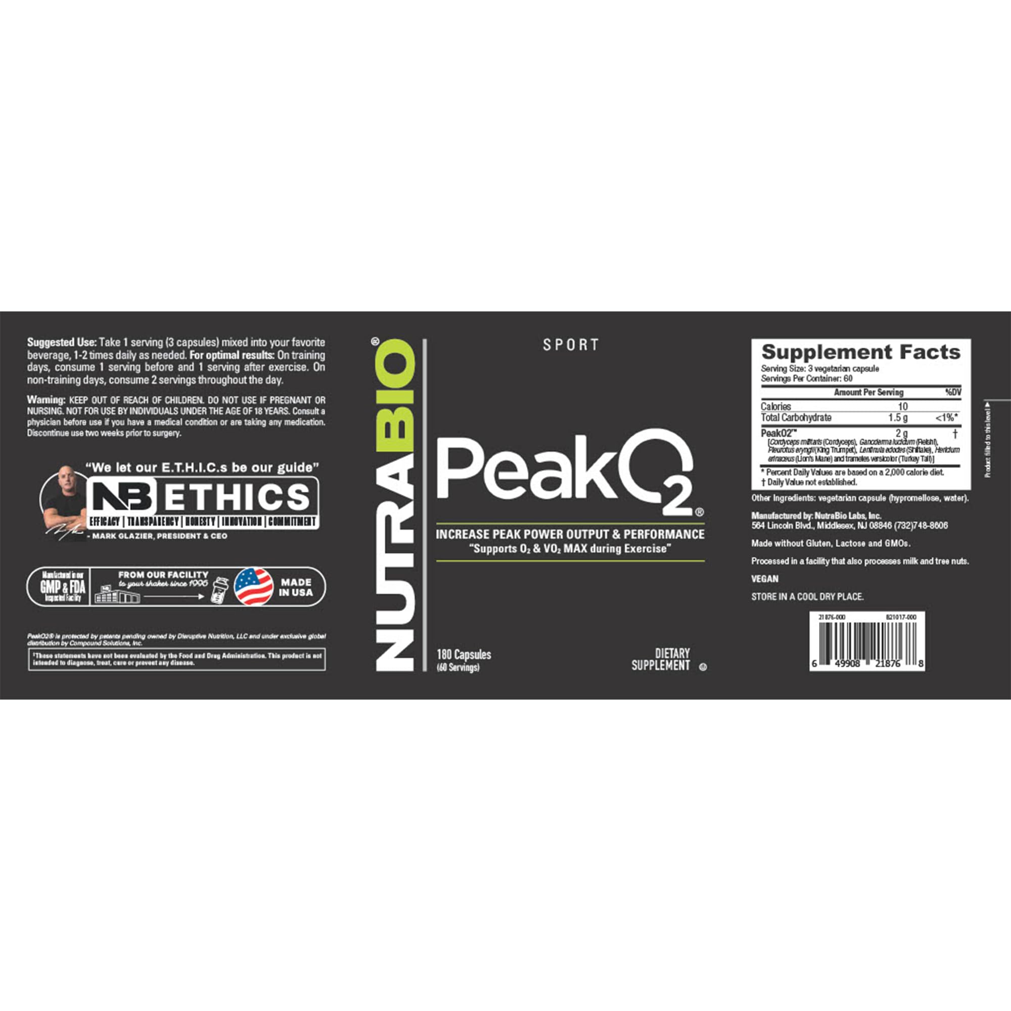 NutraBio PeakO2 Workout Supplement, 180 Capsules - Mushroom Blend Supplement to Help Enhance Athletic Performance and Overall Health, 60 Servings NutraBioAu supplements