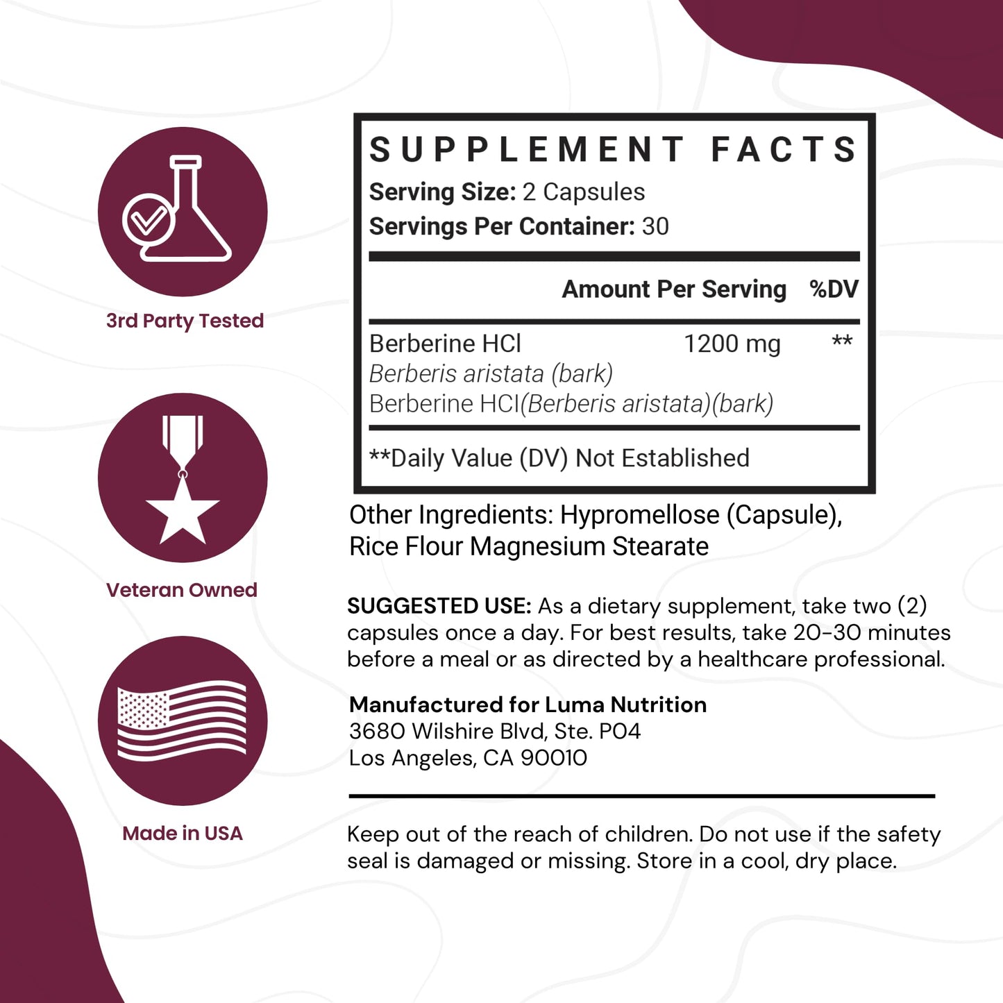 Luma Nutrition Berberine Supplement - Berberine 1200mg Per Serving - Berberine HCI Luma NutritionUS supplements
