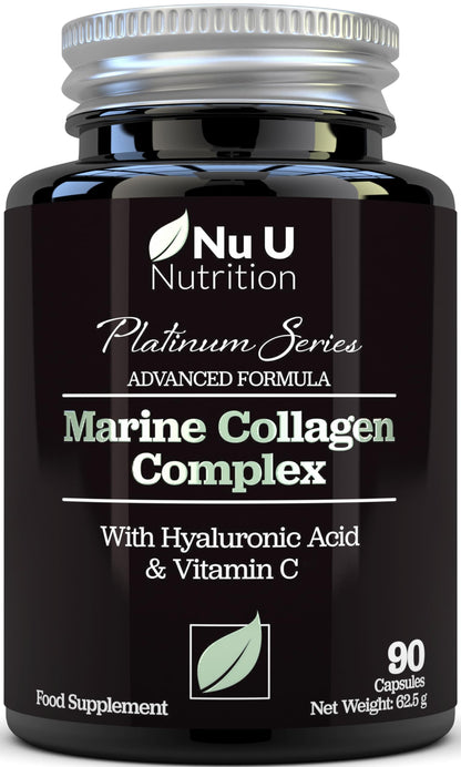Marine Collagen with Hyaluronic Acid, Vitamin C - 90 Hydrolysed Capsules (not Tablets) - Premium High Strength Collagen Nu U NutritionUS supplements