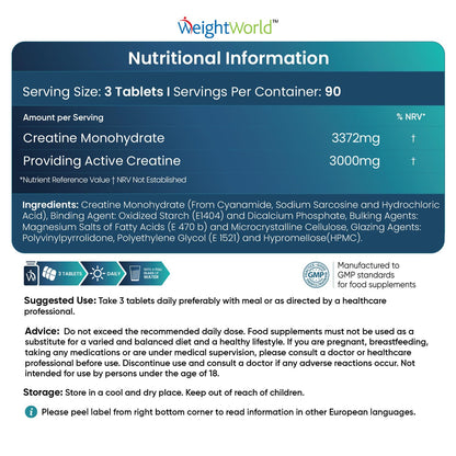 Creatine Monohydrate 3000mg - 270 Tablets - Gym Energy Supplement for Men & Women WeightWorldUS supplements