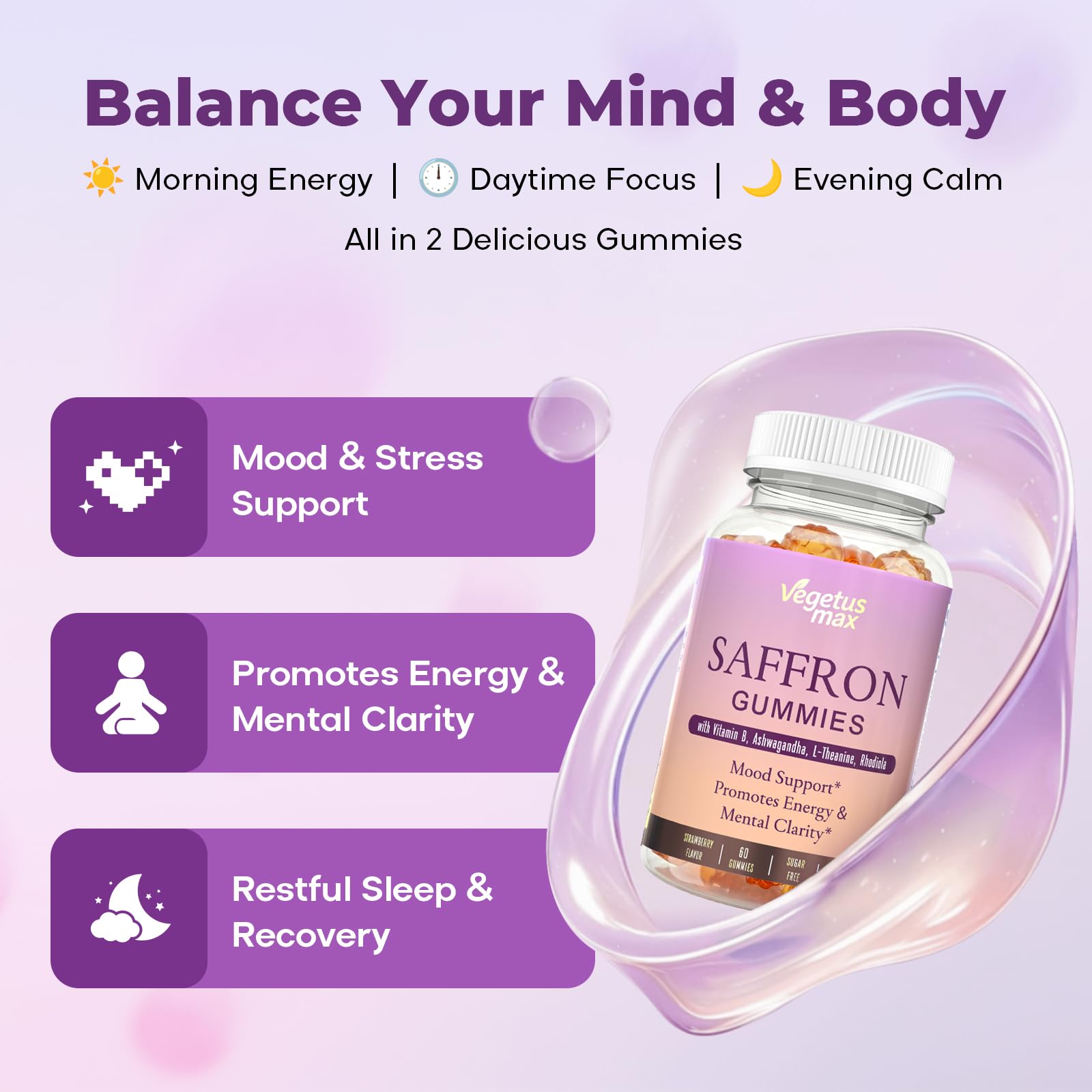 Saffron Supplements Gummies, 88.5mg Pure Saffron Extract with Ashwagandha L-Theanine Rhodiola Rosemary Magnesium Vitamin B6 B12 for Mood Focus Support Adults Kids - 60 Count VEGETUSMAXAu supplements