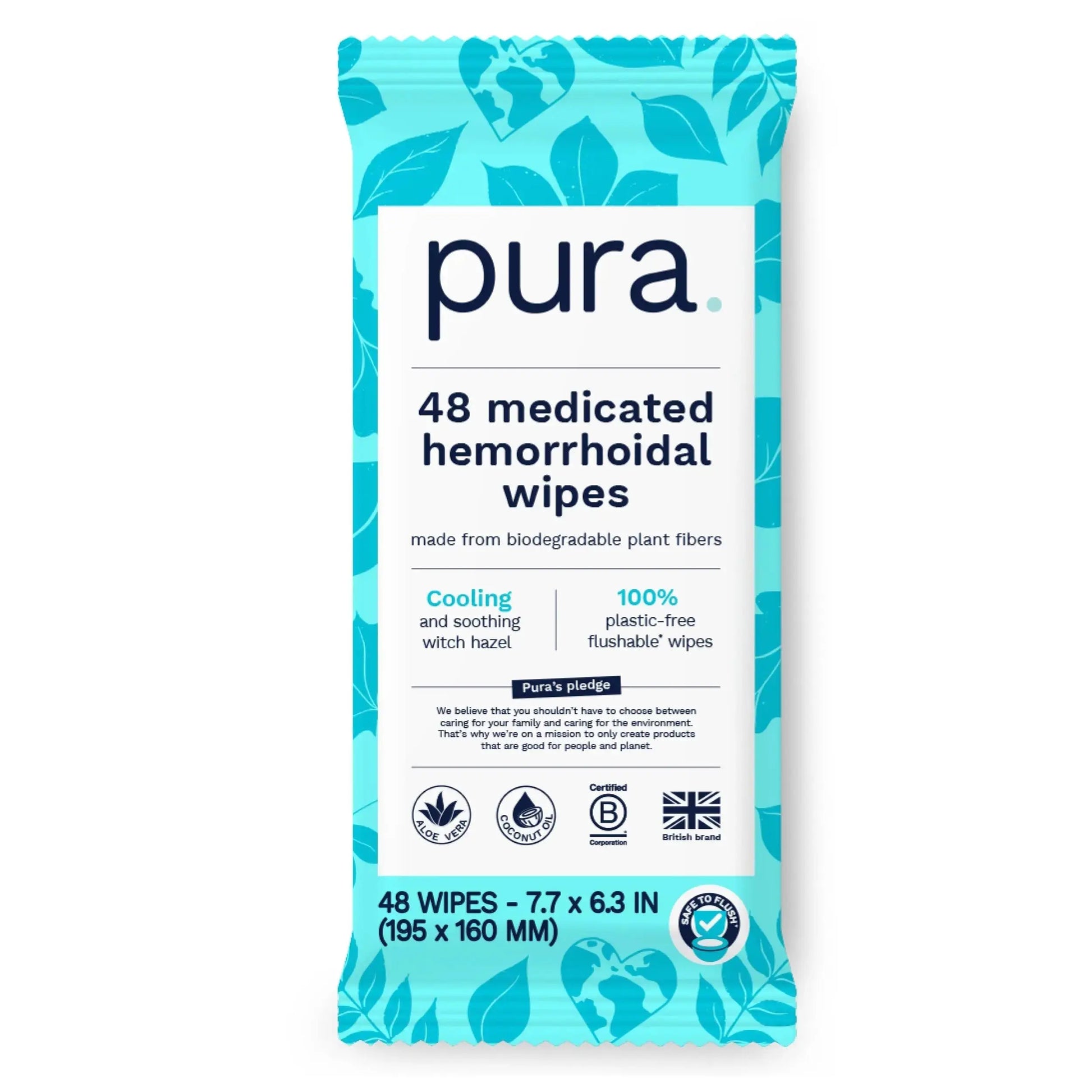 Pura Flushable Hemorrhoid Wipes XL, 48 Count, Medicated with Cooling Witch Hazel, Aloe & Coconut Oil, Fast Relief, Fragrance-Free, 100% Plastic-Free PuraAu supplements