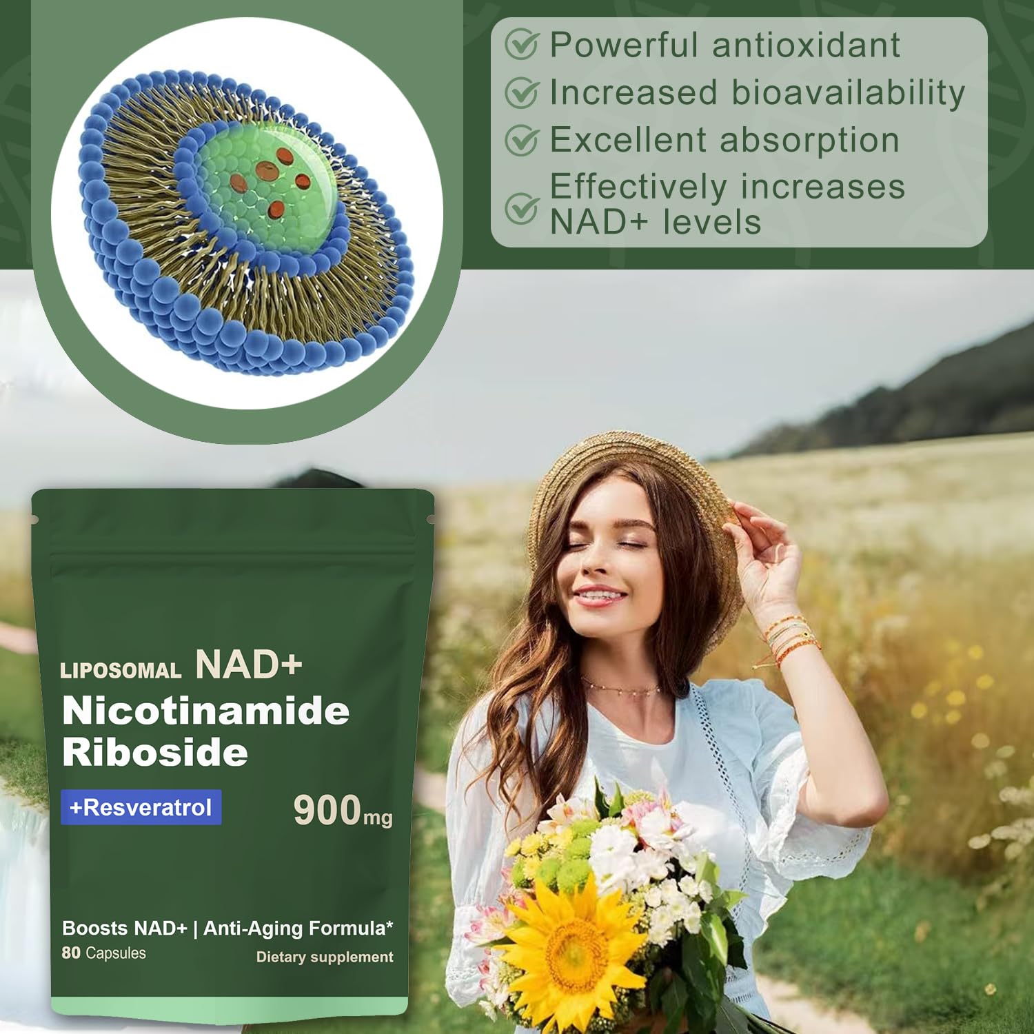 Quackiki NAD Resveratrol Supplement with NAD Nicotinamide Riboside Resveratrol 900 MG, Boost NAD+ for Cellular Health, Anti-Aging, Energy, Focus - 80 Capsules(2Pcs) QuackikiAu supplements