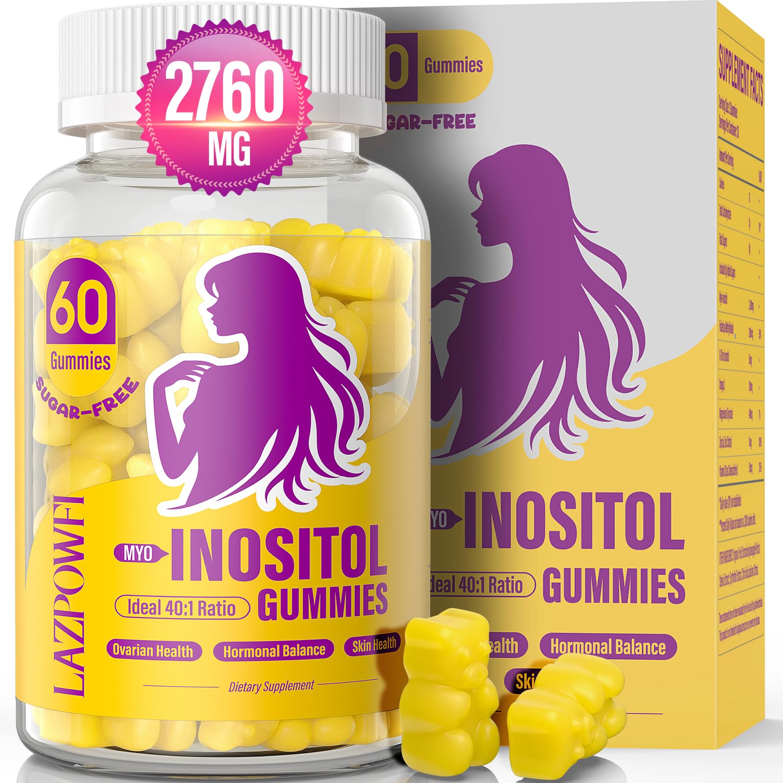 Lazpowfi Myo-Inositol & D-Chiro Inositol,Inositol Gummies with Vitamin D3, Magnesium Glycinate, Omega-3, Folate & Zinc, Inositol Supplement Menstrual Cycle for Women-40:1 Ratio-30 Day Supply LazpowfiAu supplements