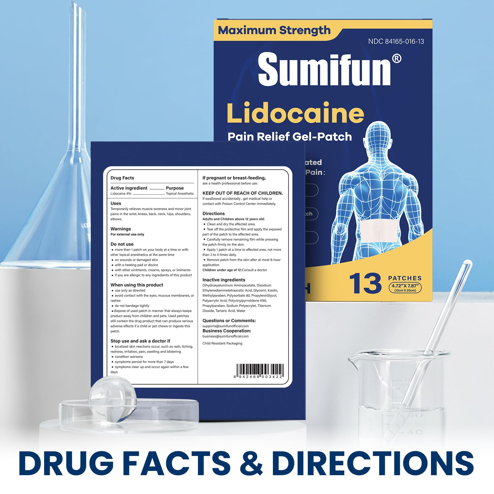 Sumifun XL Lidocaine Patches for Pain Relief, 4% Lidocaine Maximum Strength OTC, Extra Large 4.72"x7.87" for Full Back Pain Patches & Large Areas (Extra Large, Count, 13) SumifunAu supplements
