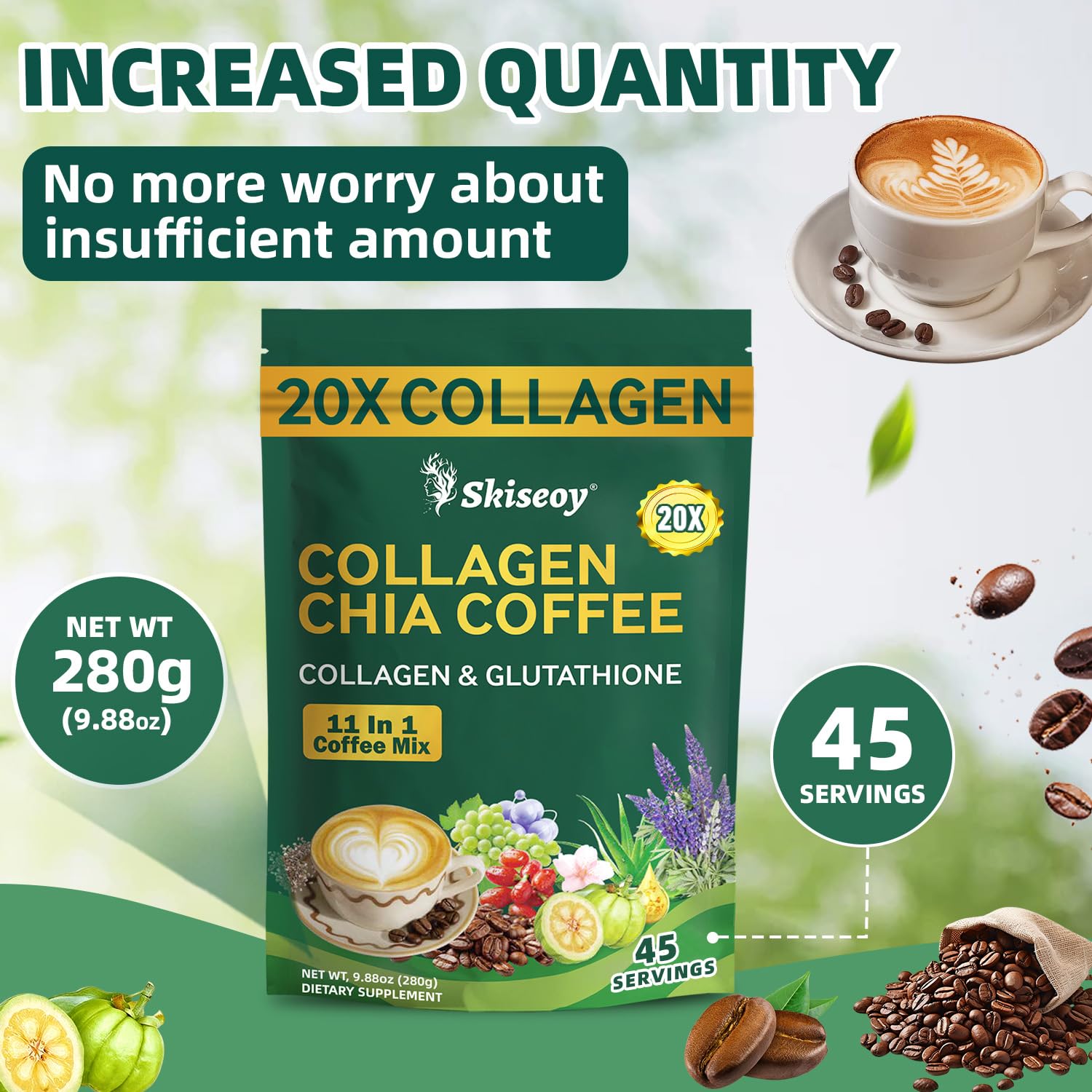 Skiseoy 20x Collagen Chia Coffee - 11-in-1 Coffee Shape Mix with L-Glutathione for Skin, Hair, Joints - Boost Energy and Focus, Vegan Friendly, 45 Servings SkiseoyAu supplements