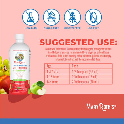 MaryRuth Organics Liquid Morning Multivitamin Essentials+ | Vitamin A C D E B6 B12 Biotin Zinc, Mens Womens Multivitamin, Immune Support, Beauty | Sugar Free | Vitamins for Ages 1+ | Vegan | 32 Fl Oz MARYRUTH'SUS supplements