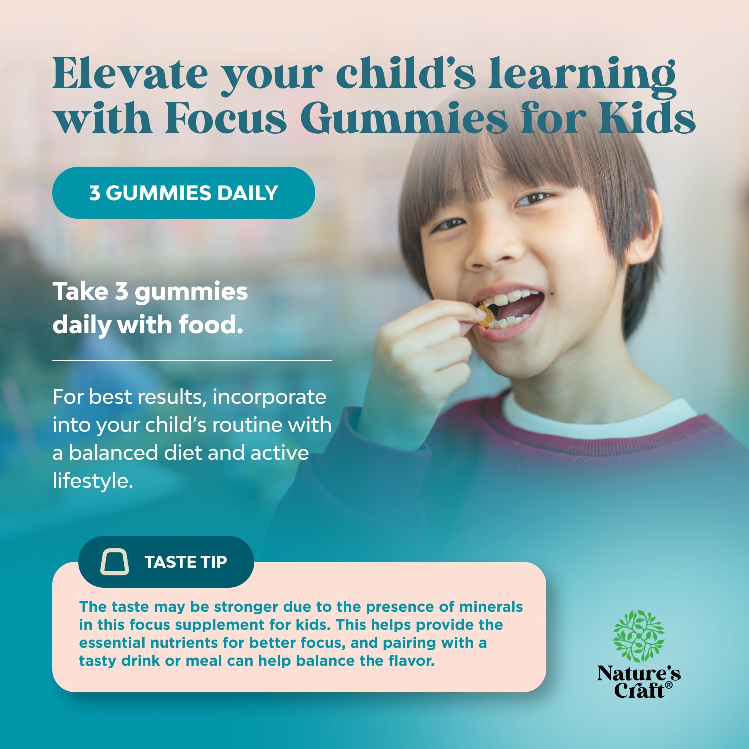 Kids Focus Gummies - Nootropics Brain Support Supplement for Kids with Green Tea Extract, B6 & B12 Vitamins for Memory and Brain Focus - Herbal Concentration Chews for Children - 90 Count Natures CraftAu supplements