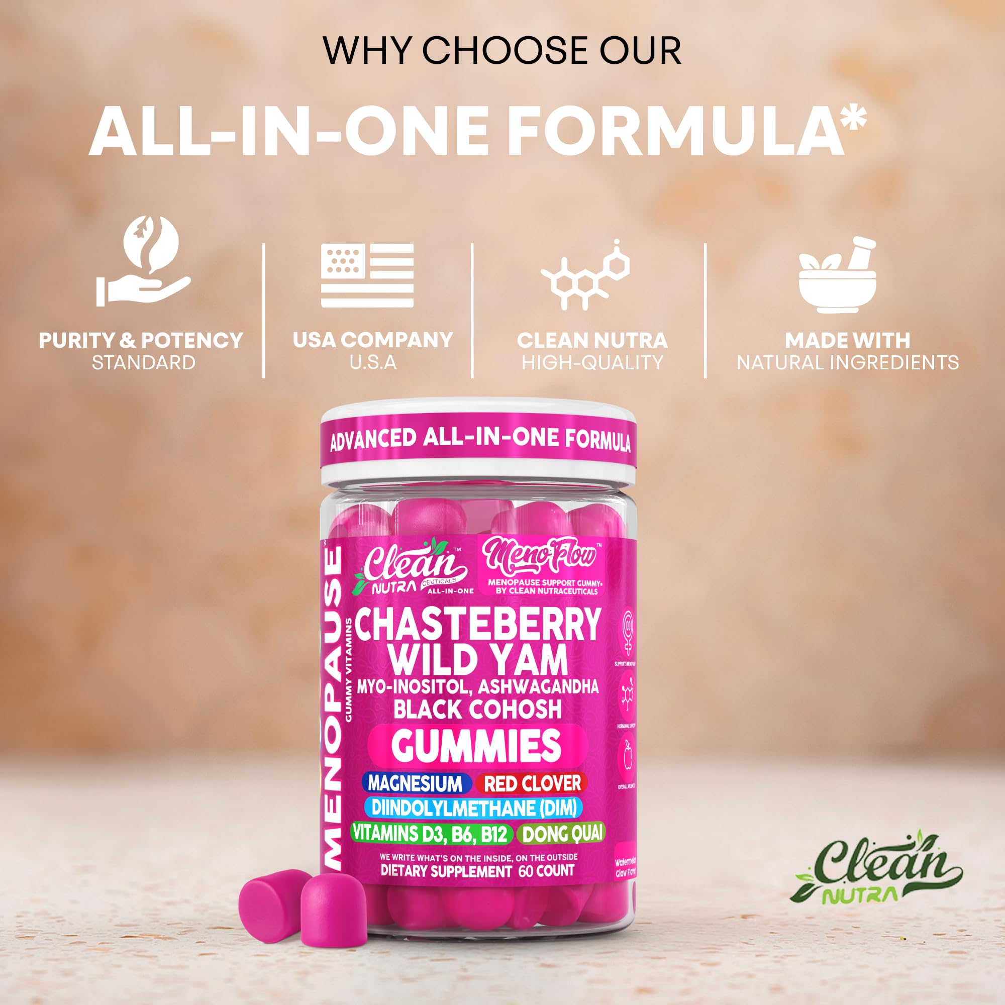 Clean Nutra Menopause Supplements for Women Chastberry Wild Yam Gummies Inositol Black Cohosh Magnesium Red Clover DIM Supplement B6 Magnesium Glycinate Glycine Vitex Hormone Balance Gummy Vitamins Clean NutraceuticalsAu supplements