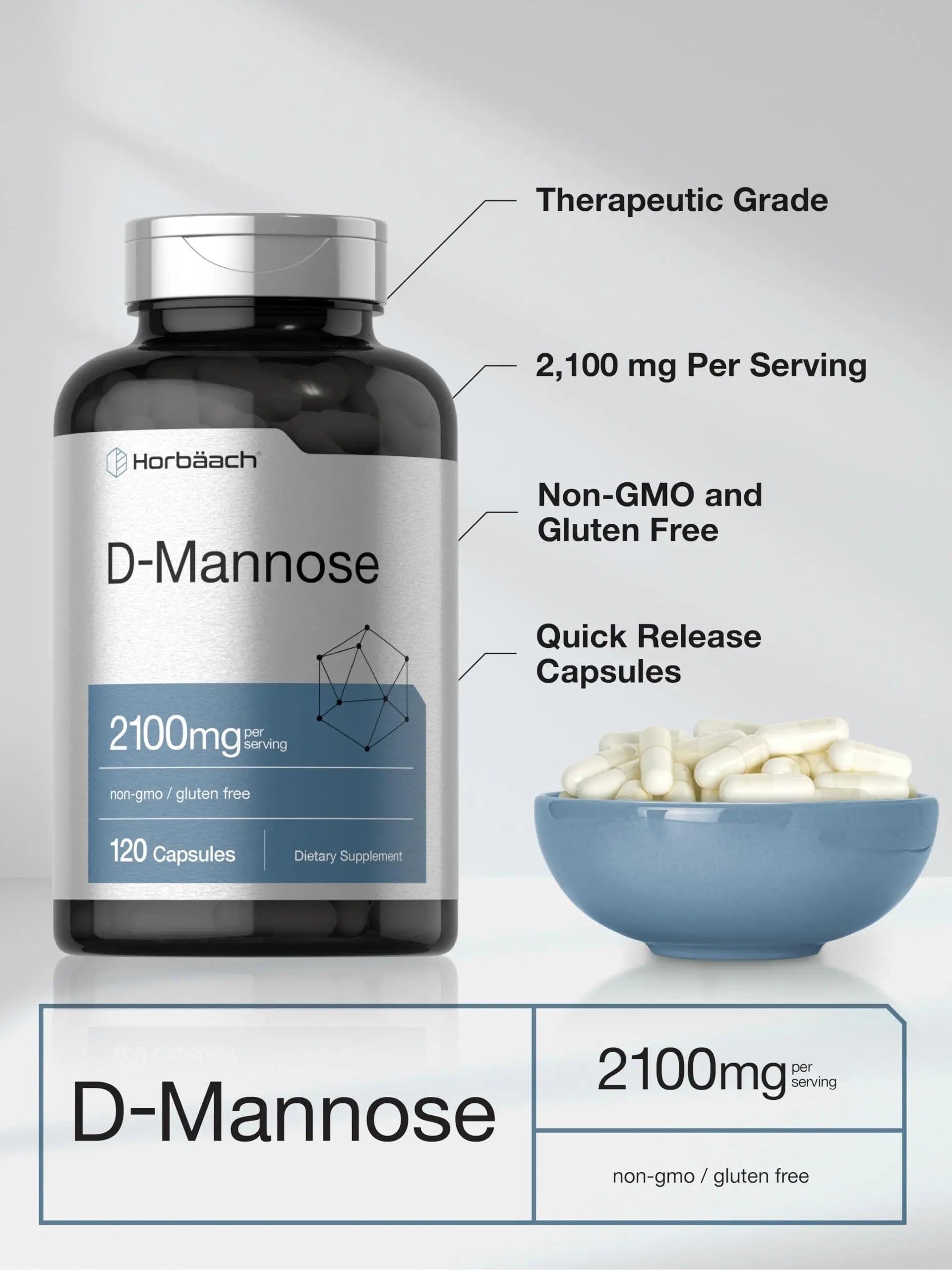 Horbäach D-Mannose Supplement 2100mg | 120 Capsules | Pills for Women and Men | Non-GMO & Gluten Free HorbäachAu supplements