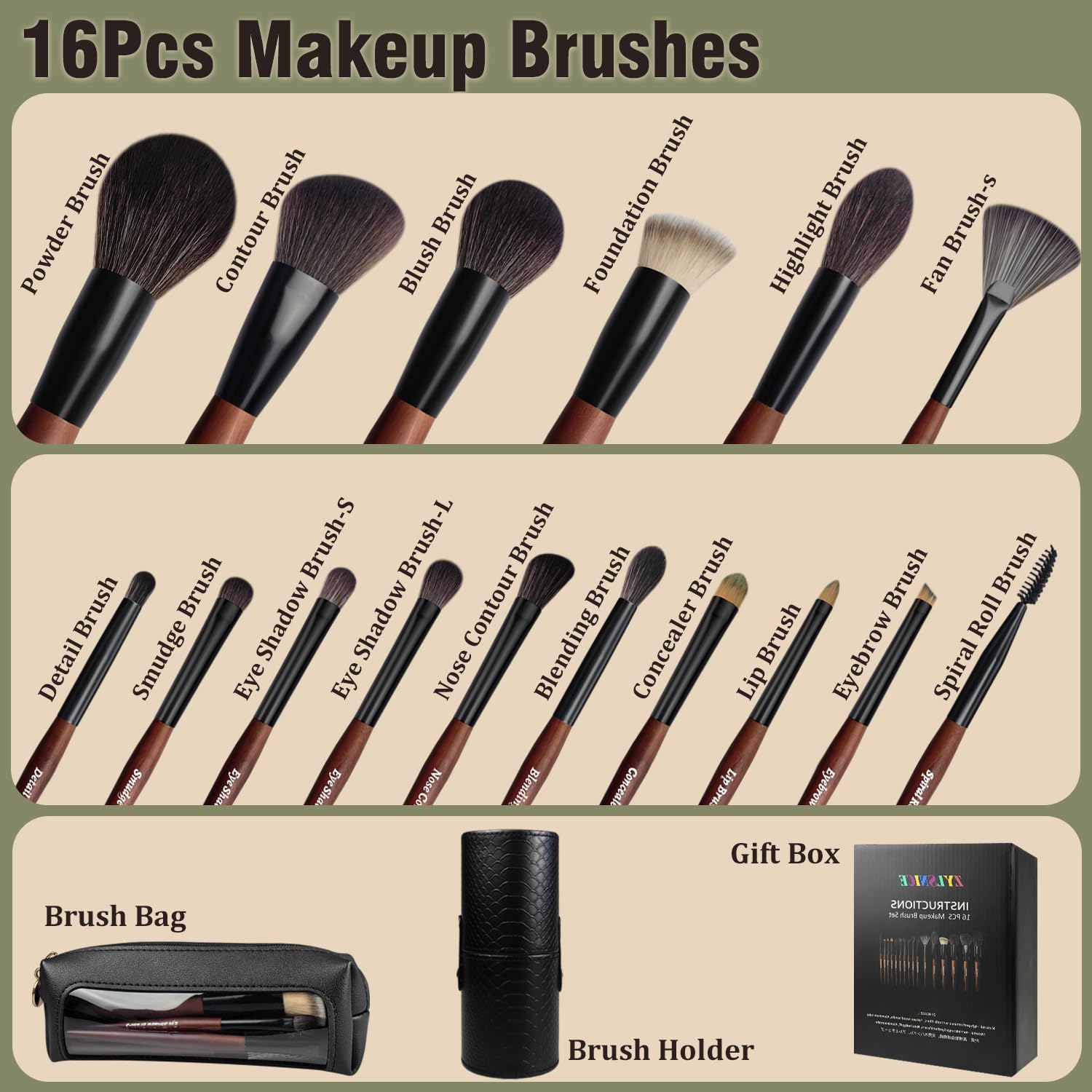 Makeup Brushes 16 Pcs Makeup Brush Set Professional, Wood Handle Travel Make Up Brushes Set with Case, Premium Cruelty-Free Synthetic Fiber Hair Makeup Brush Kit with Holder ZylsniceAu supplements