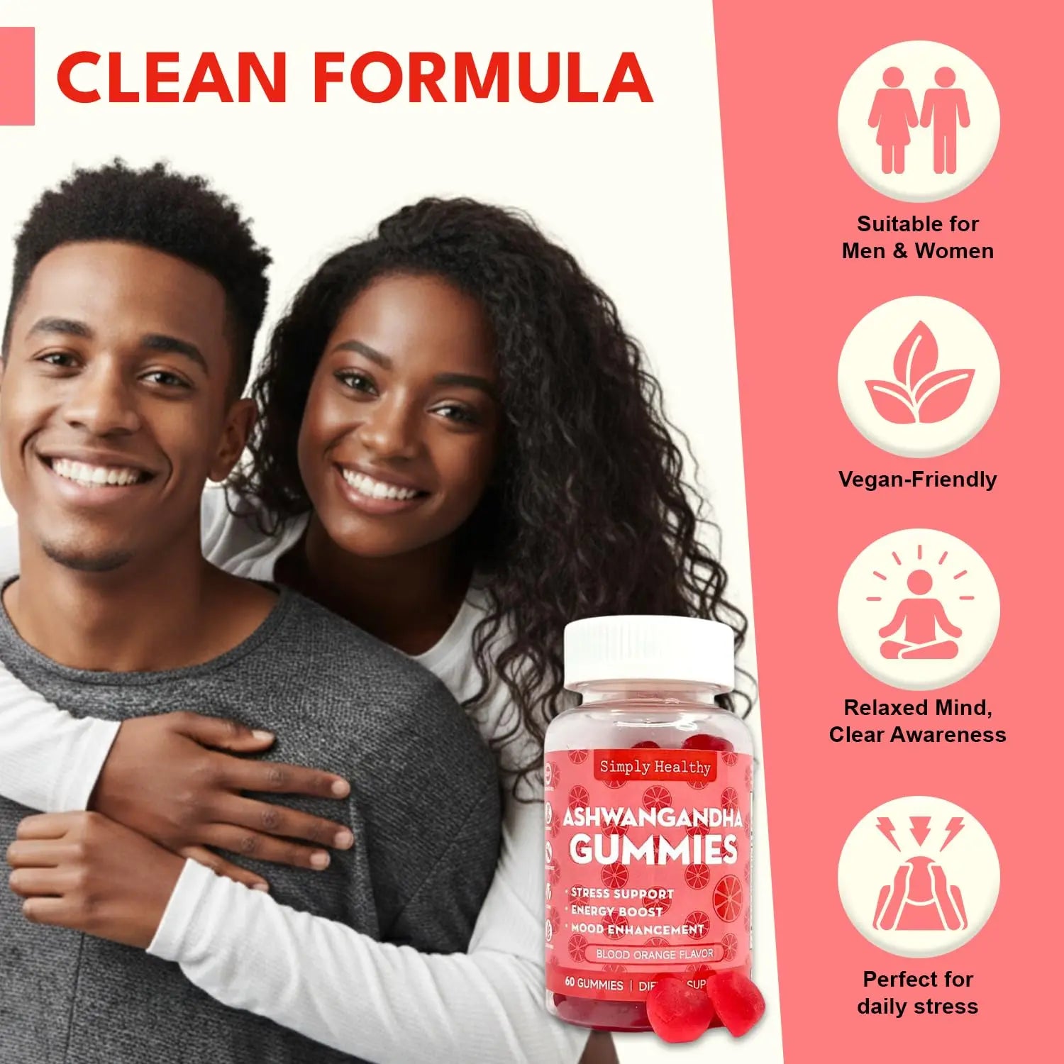 Simply Healthy Premium Ashwagandha Gummies, Stress Support with Blood Orange Flavor, Vegan, Easy to Chew, Daily Aid, Energy Booster, Mood Enhancer, for Both Men and Women, 60 Gummies Simply Healthynz supplements