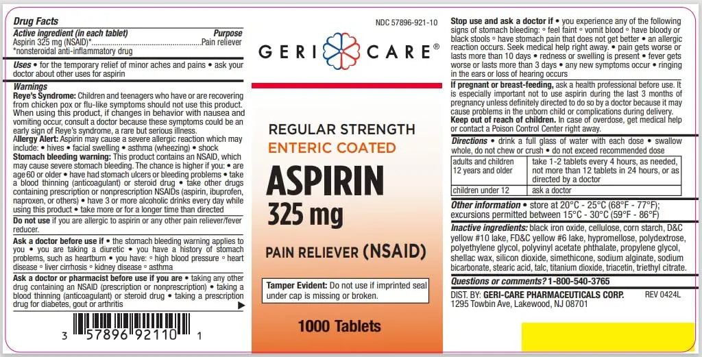 GeriCare Enteric Coated Aspirin Tablets 325mg (1000 Count) NSAID Pain Reliever & Fever Reducer for Adults- Regular Strength Aspirin for Headache Arthritis Menstrual & Muscle Pain GeriCareAu supplements