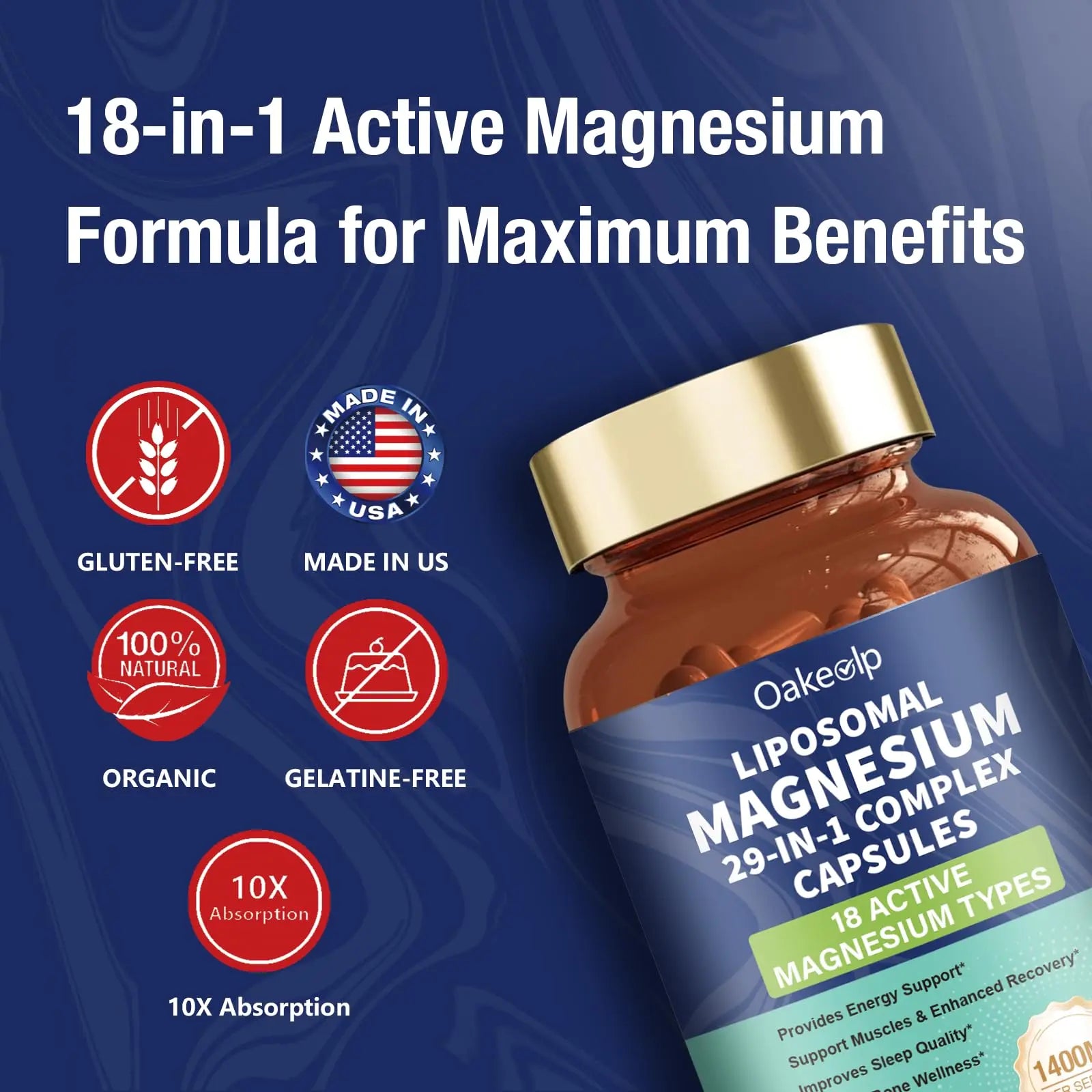 29-in-1 Liposomal 18 Active Types Magnesium Complex 1400MG Capsule,L-Threonate Glycinate Malate etc,Mild & Efficient,Extra Vitamin B6 B12 D3K2 & CoQ10, Relaxation Nerve* & Hert* Support Oakevlpnz supplements