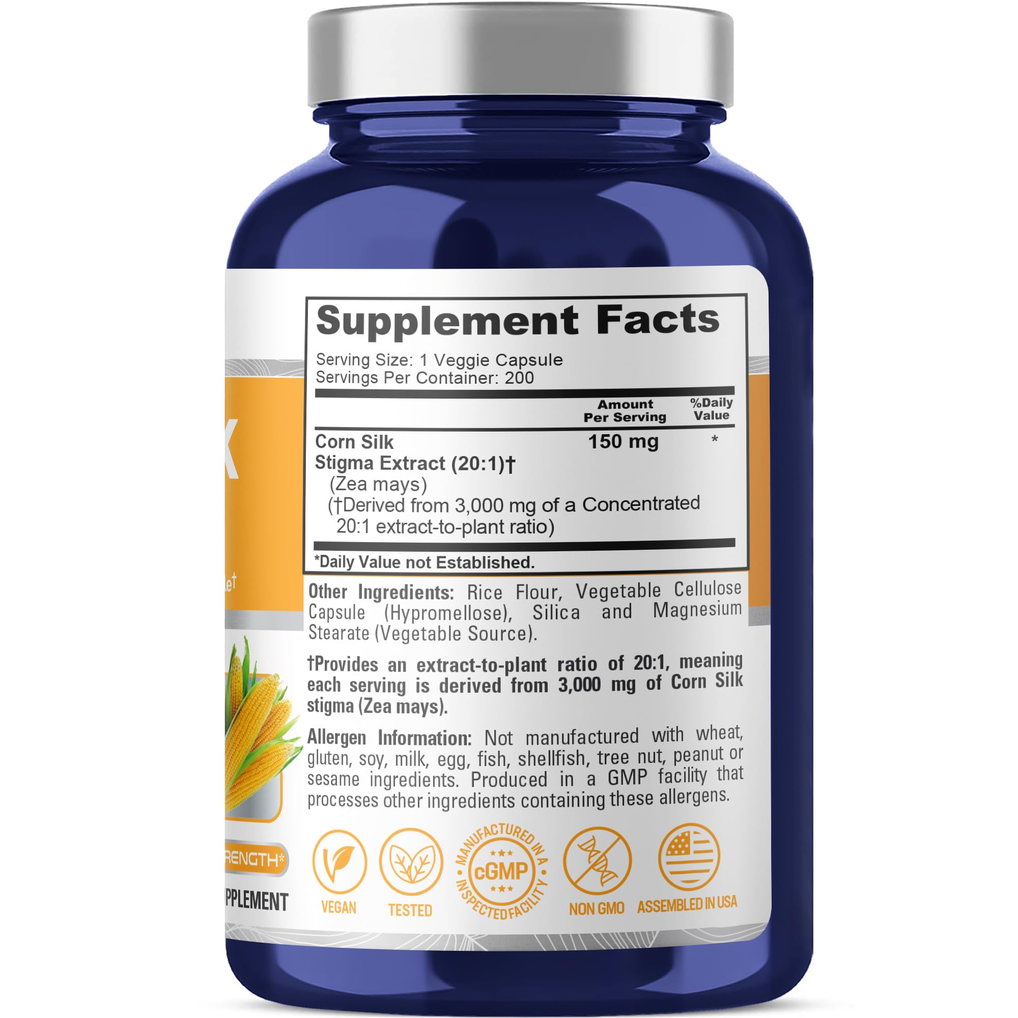 NusaPure Corn Silk Extract 3,000 mg per Caps - 200 Veggie Caps (100% Vegetarian, Non-GMO, Extract 20:1, Vegan) NusaPureAu supplements