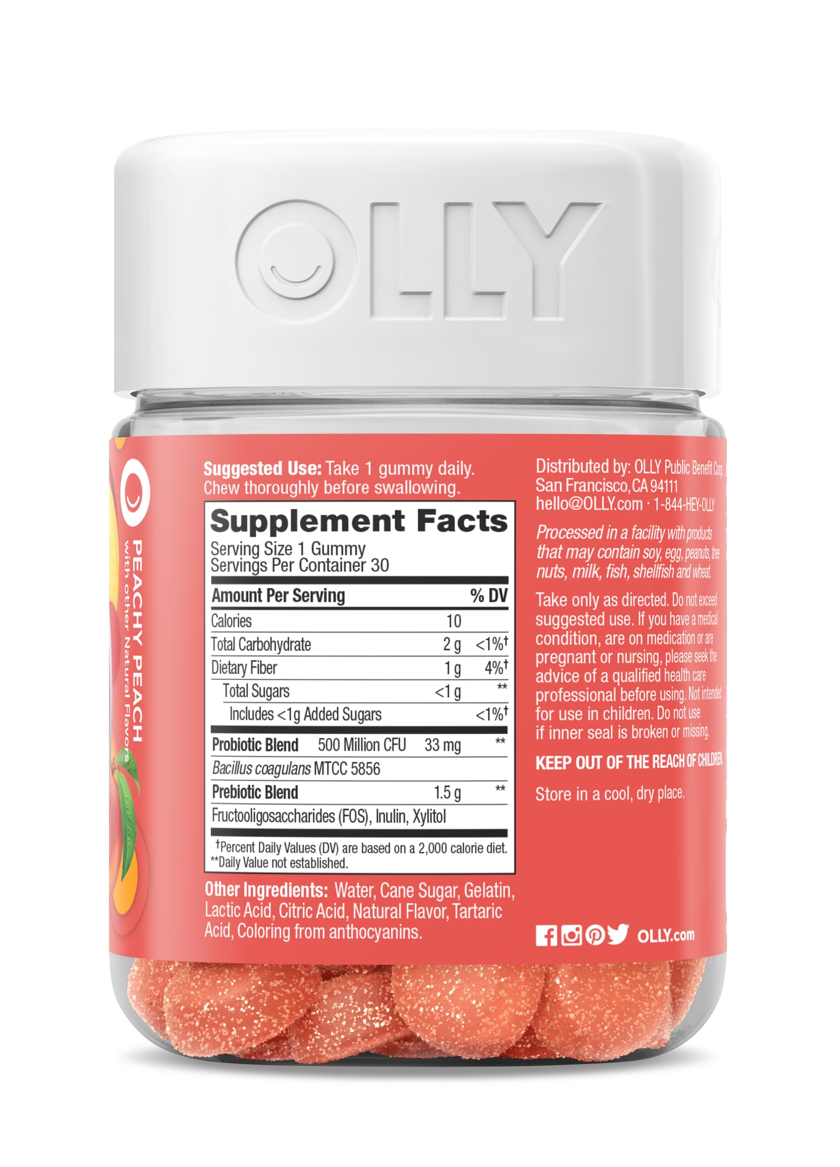 OLLY Probiotic + Prebiotic Gummy, Digestive Support and Gut Health, 500 Million CFUs, Fiber, Adult Chewable Supplement for Men and Women, Peach, 30 Day Supply - 30 Count OLLYAu supplements
